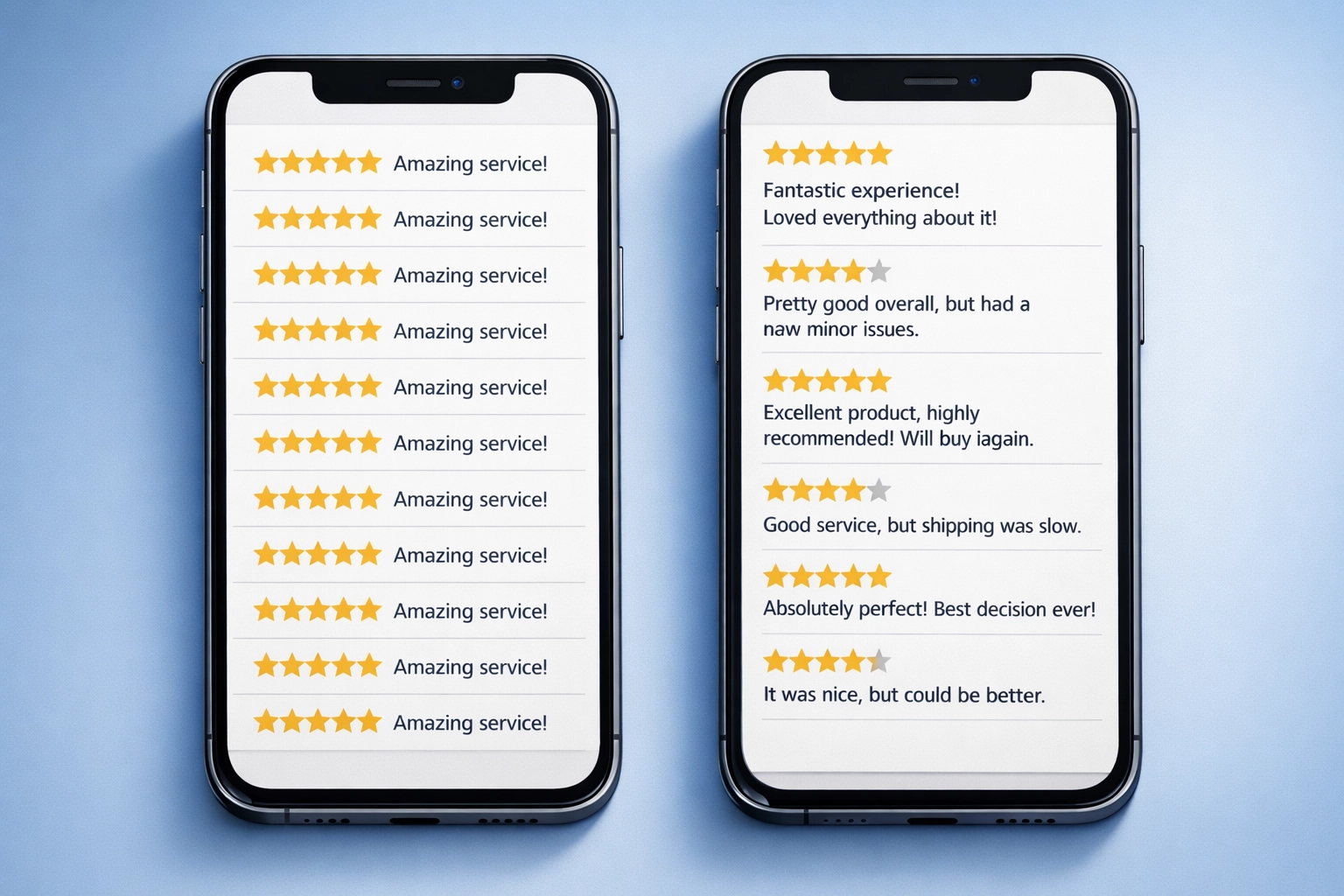 Comparison of generic perfect 5-star reviews versus authentic mixed ratings with detailed customer feedback