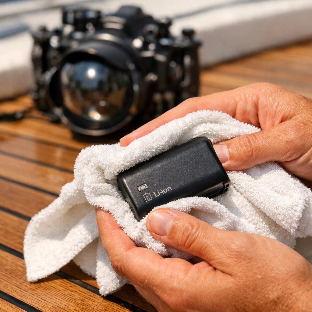 Person drying a lithium-ion battery with a towel to prevent water damage to scuba gear.