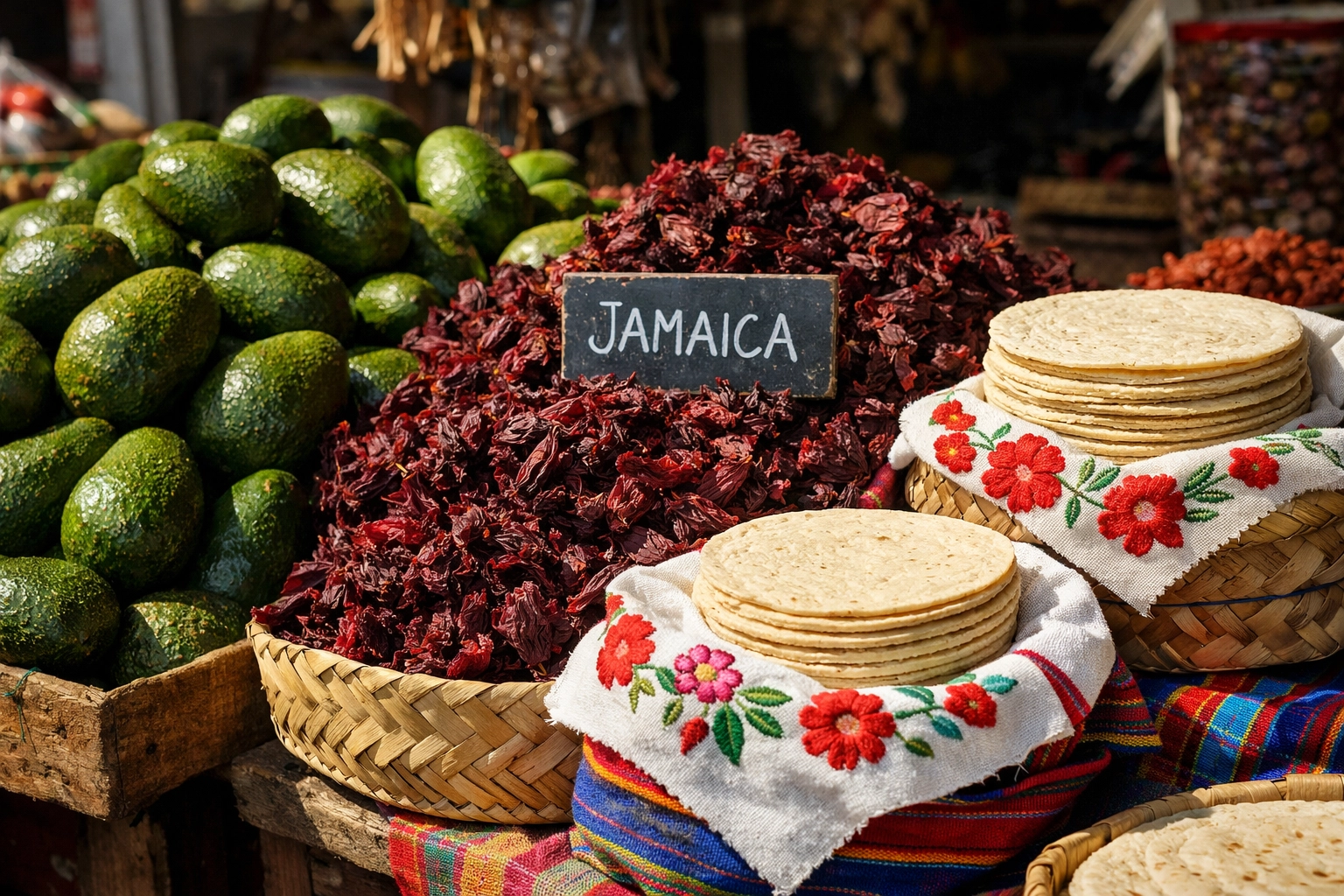 Fresh local ingredients like avocados, jamaica, and handmade tortillas at an open-air market in Puerto Vallarta.