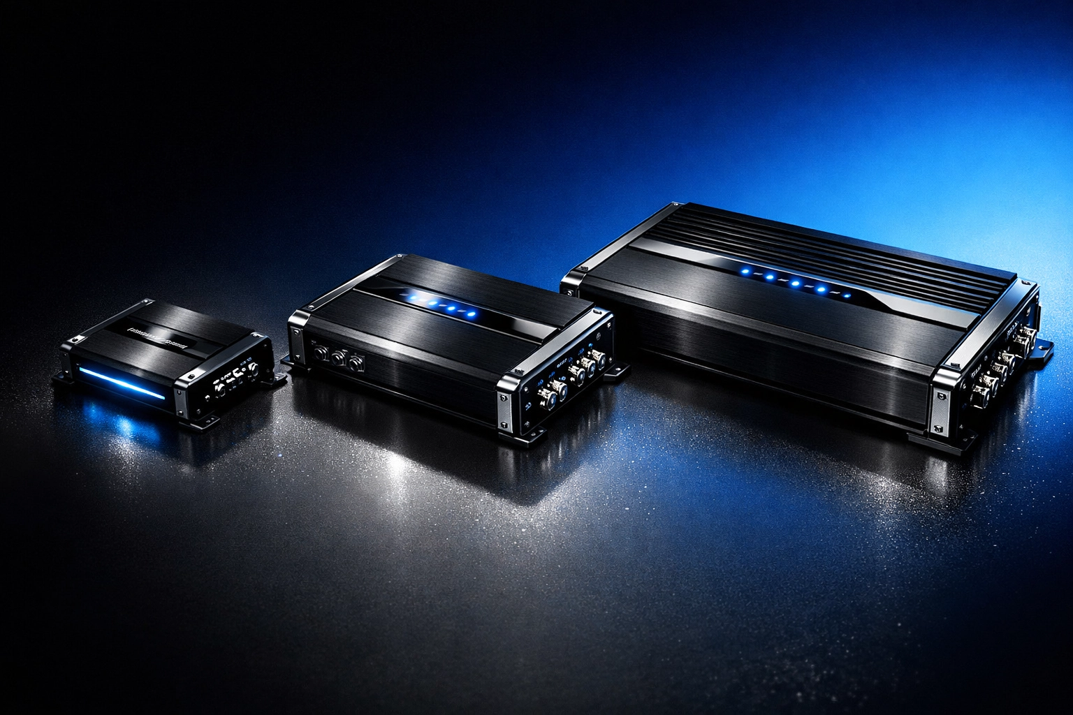 Comparison of car amplifier sizes from mono to 5-channel configurations