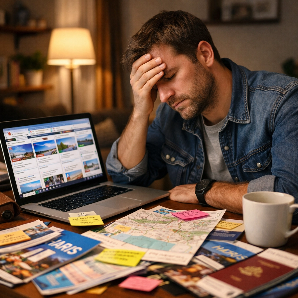 Stressed traveler with laptop and travel brochures struggling with DIY trip planning late at night