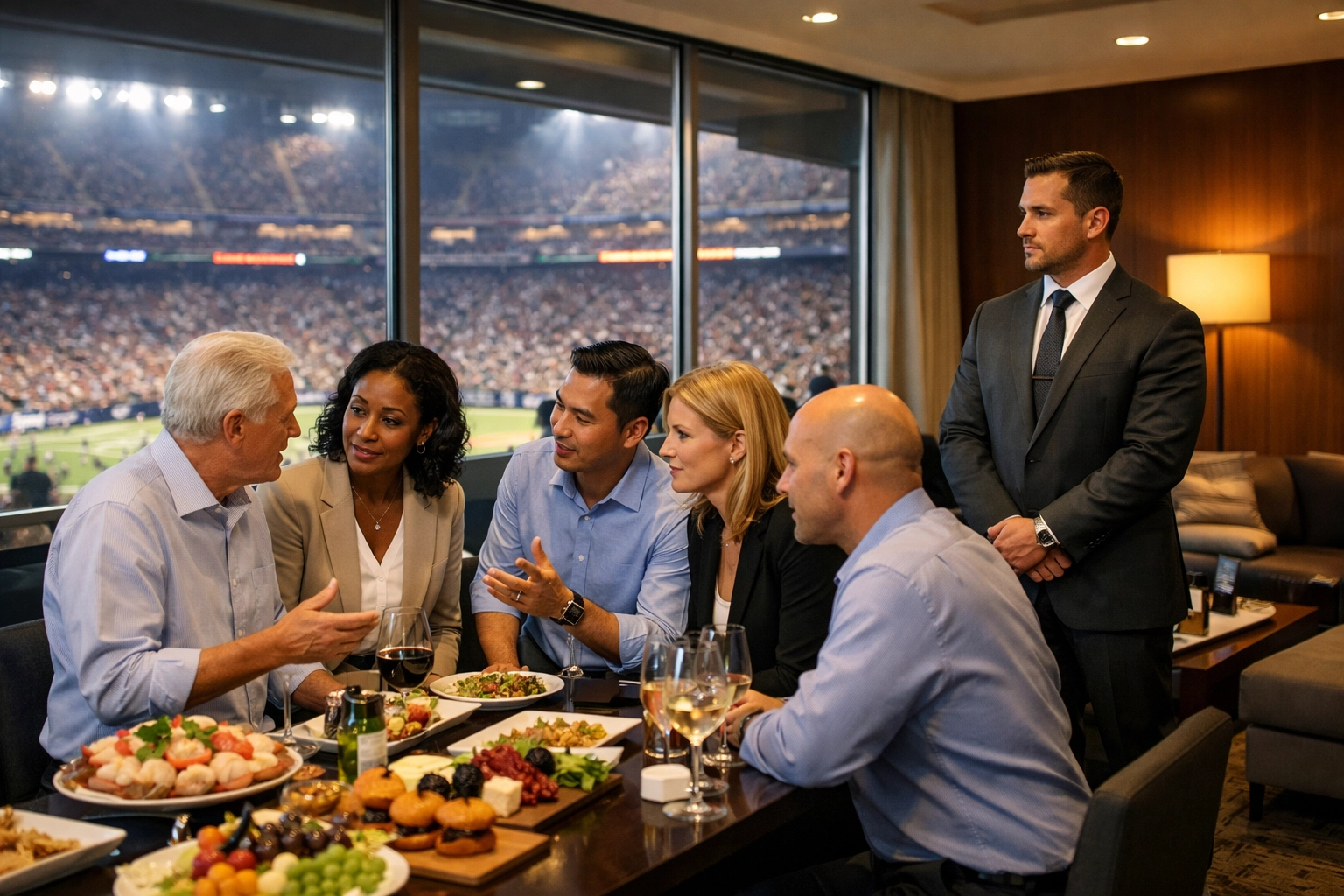Executives networking in a luxury stadium suite with professional security at the Super Bowl.