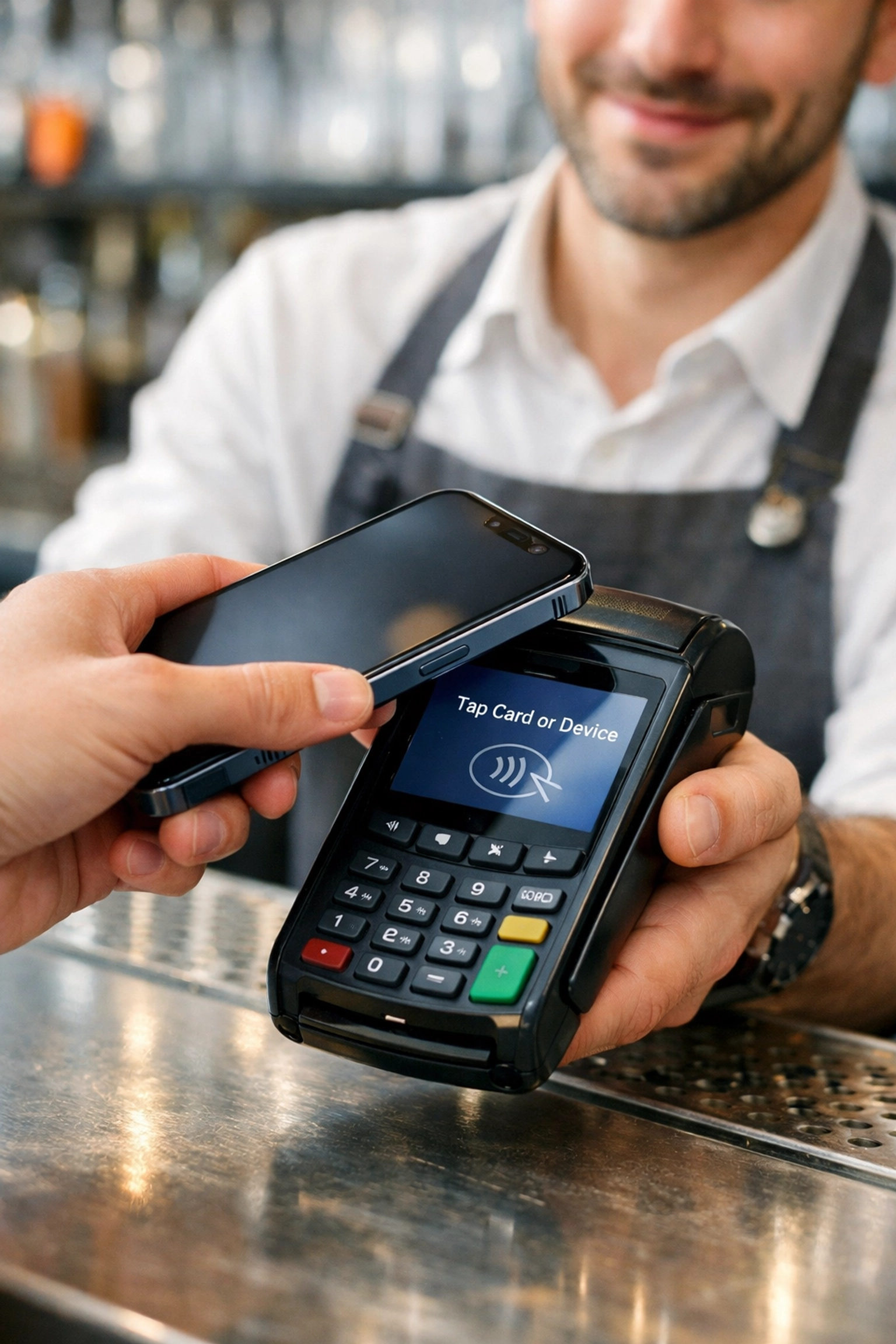 Customer making a contactless mobile payment with a handheld nightclub POS system.
