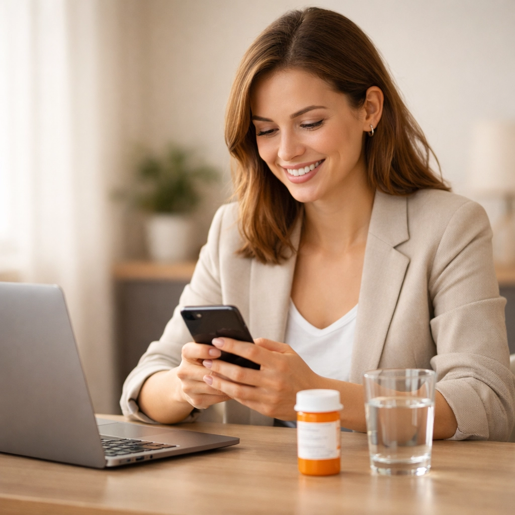 Professional woman using smartphone for online prescription refill from home office