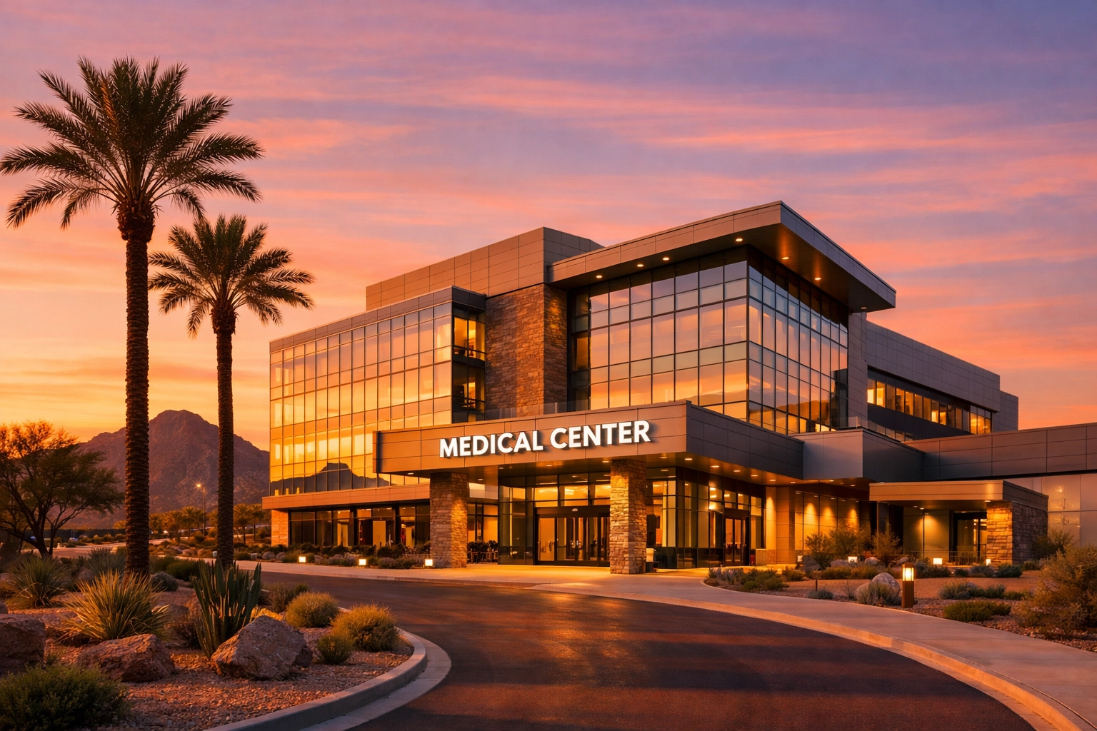 Modern West Valley medical center in Arizona desert with mountain views at sunset