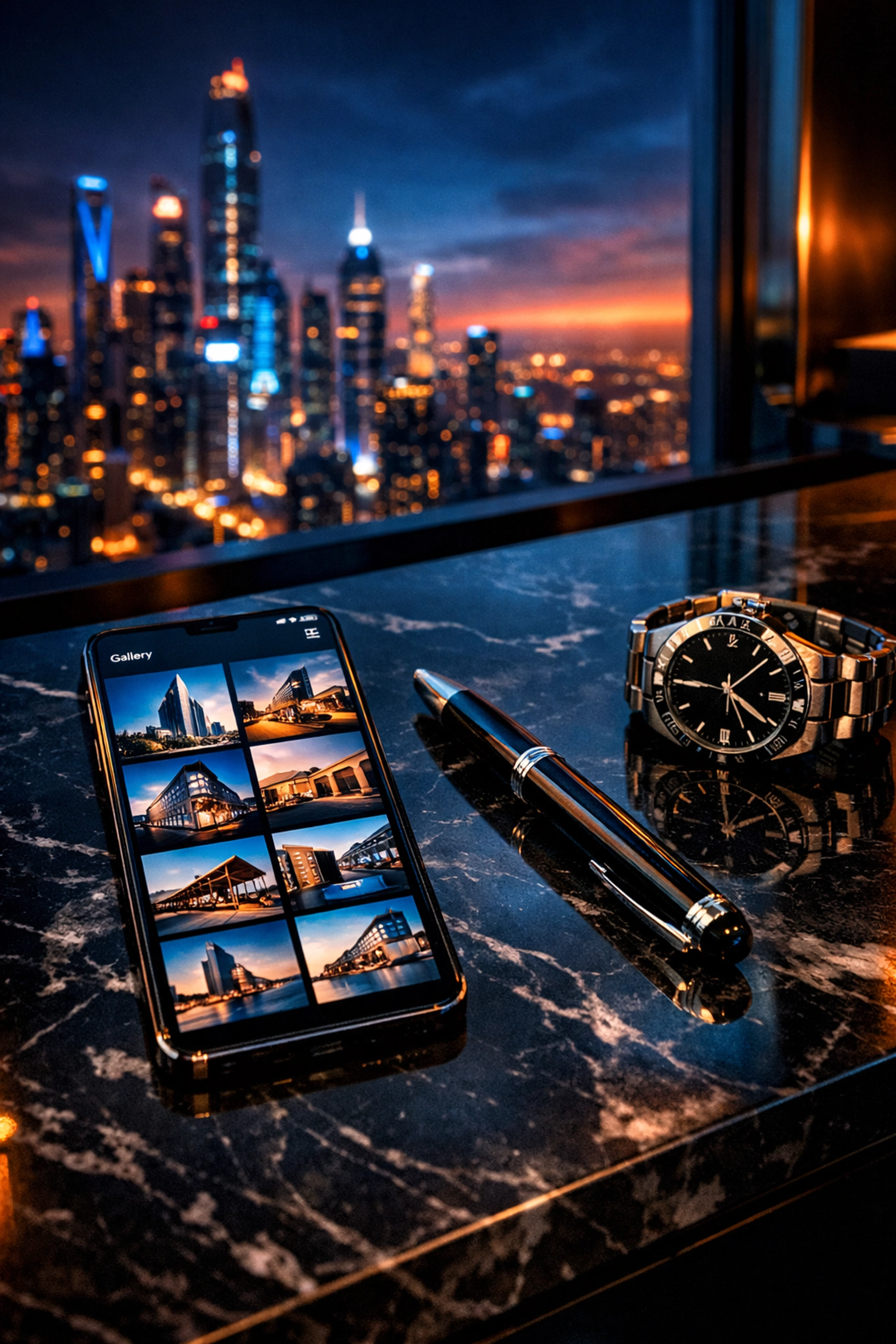 Bespoke Instagram management displayed on a smartphone on a luxury marble desk in a high-rise office.