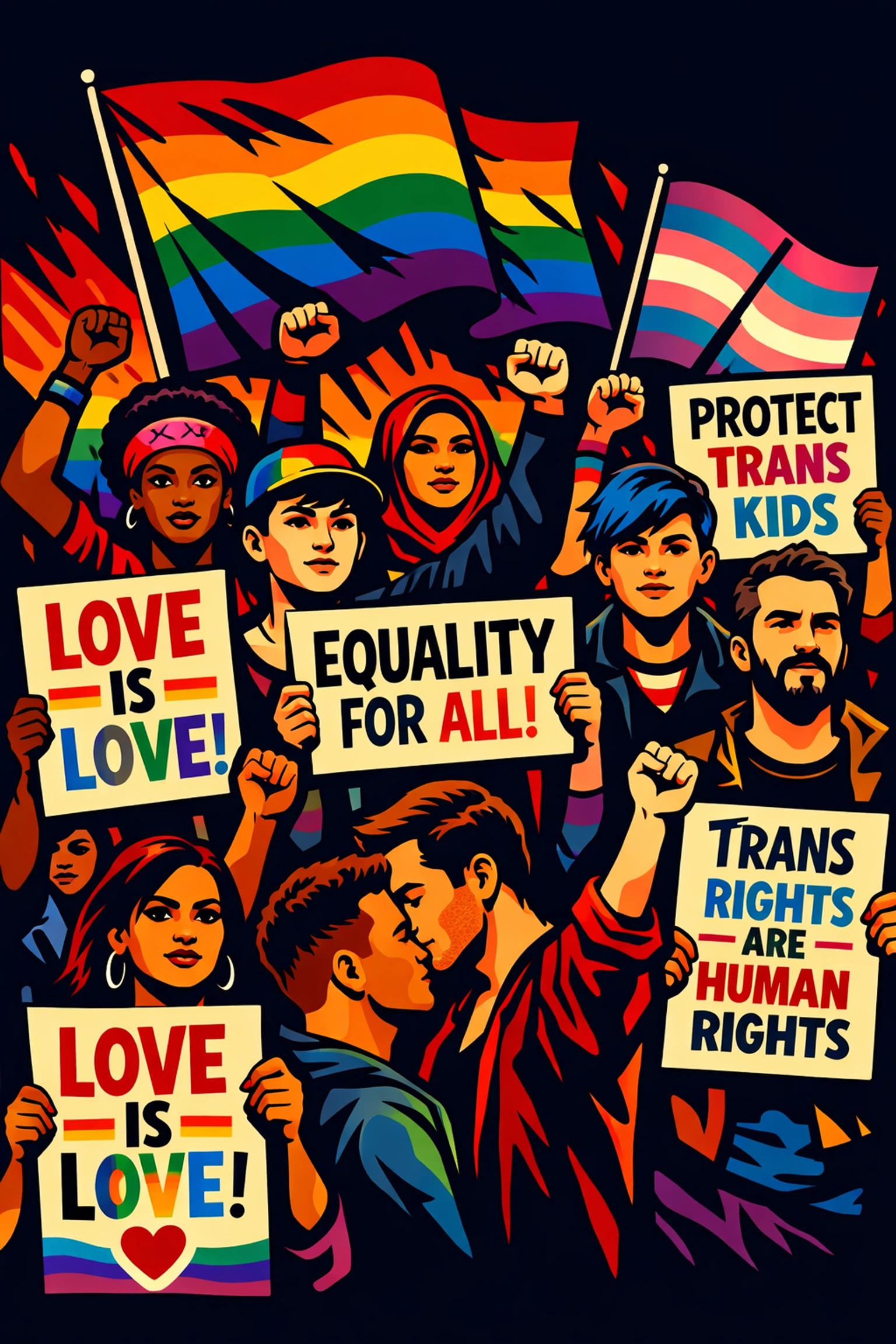 LGBTQ+ activists protesting human rights violations with pride flags