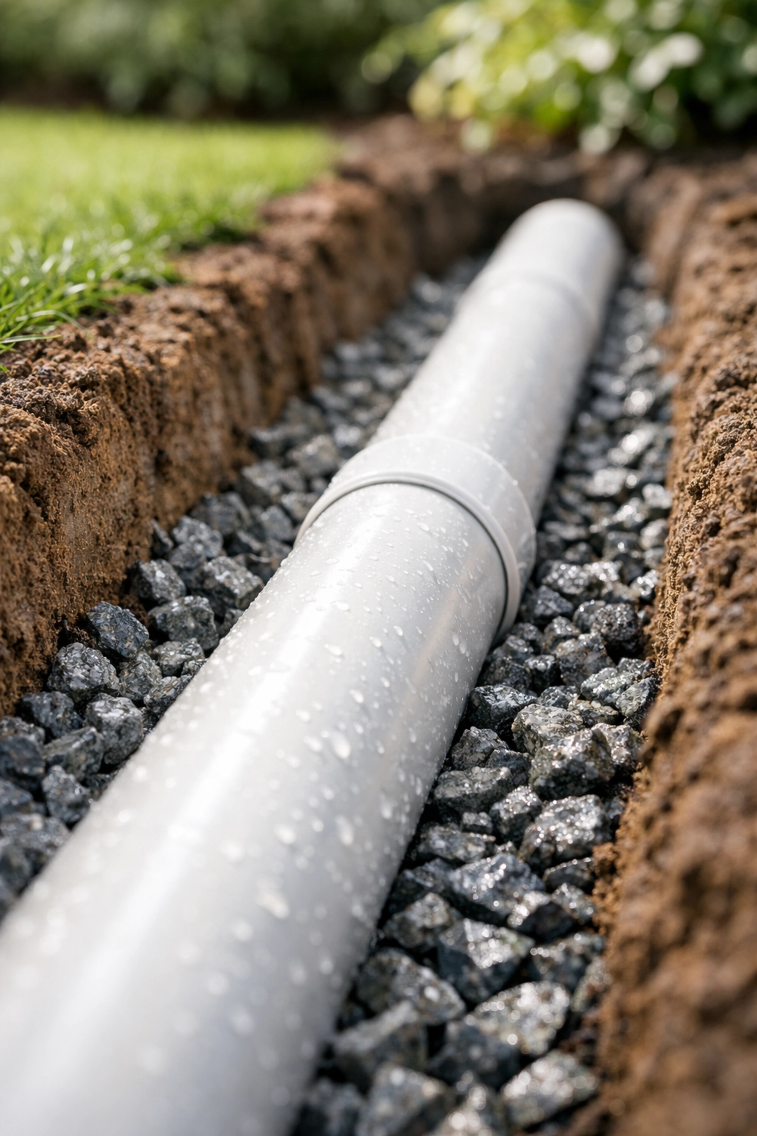 Professional French drain installation in NWA using rigid PVC pipe and gravel for yard drainage.