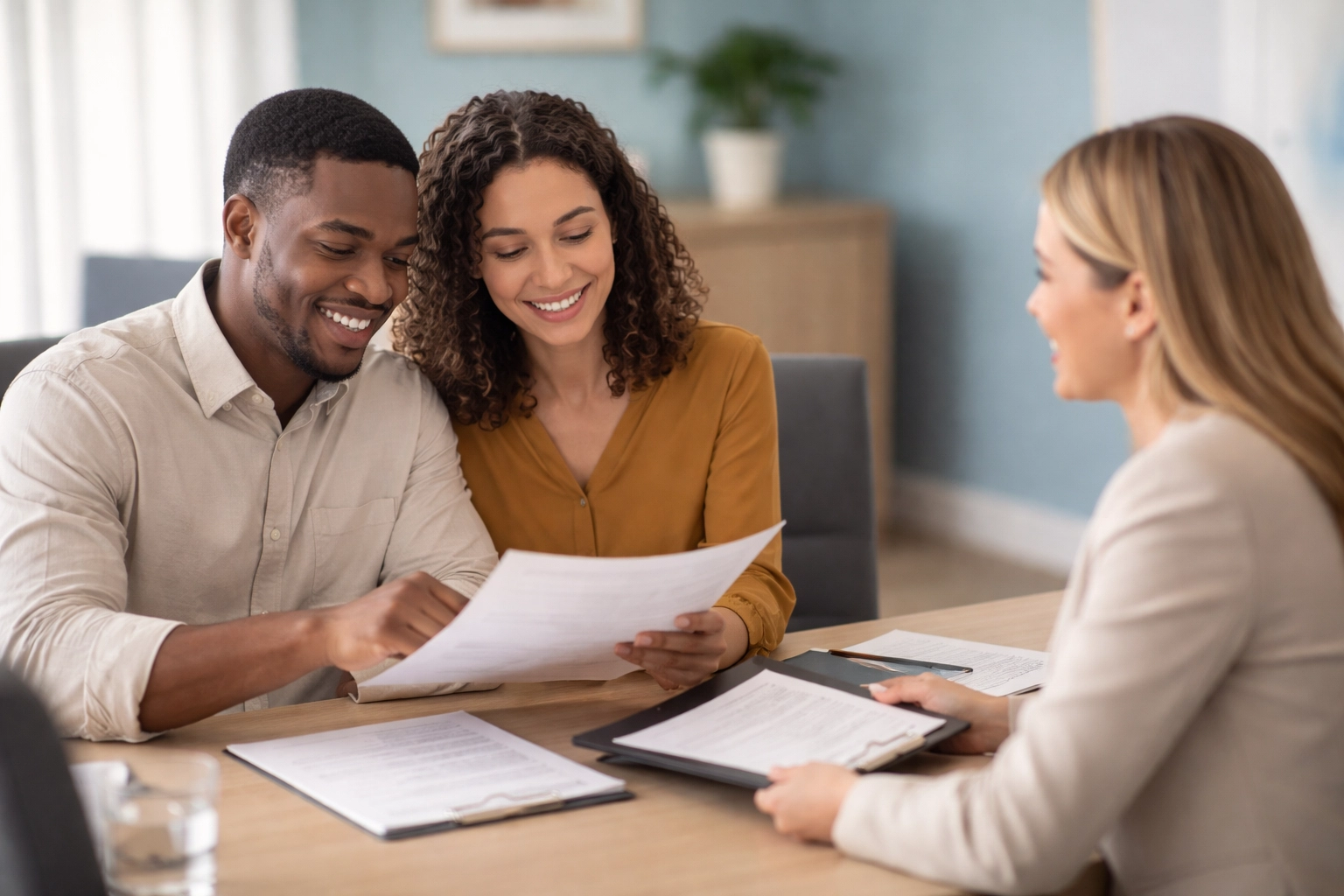 Diverse couple and title agent reviewing ALTA/CD documents at closing table, highlighting real estate closing process