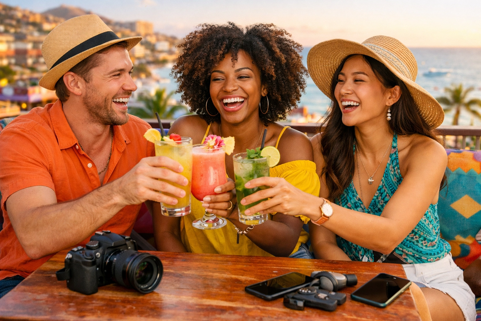 Travel influencers collaborating and networking at rooftop bar to grow their brands