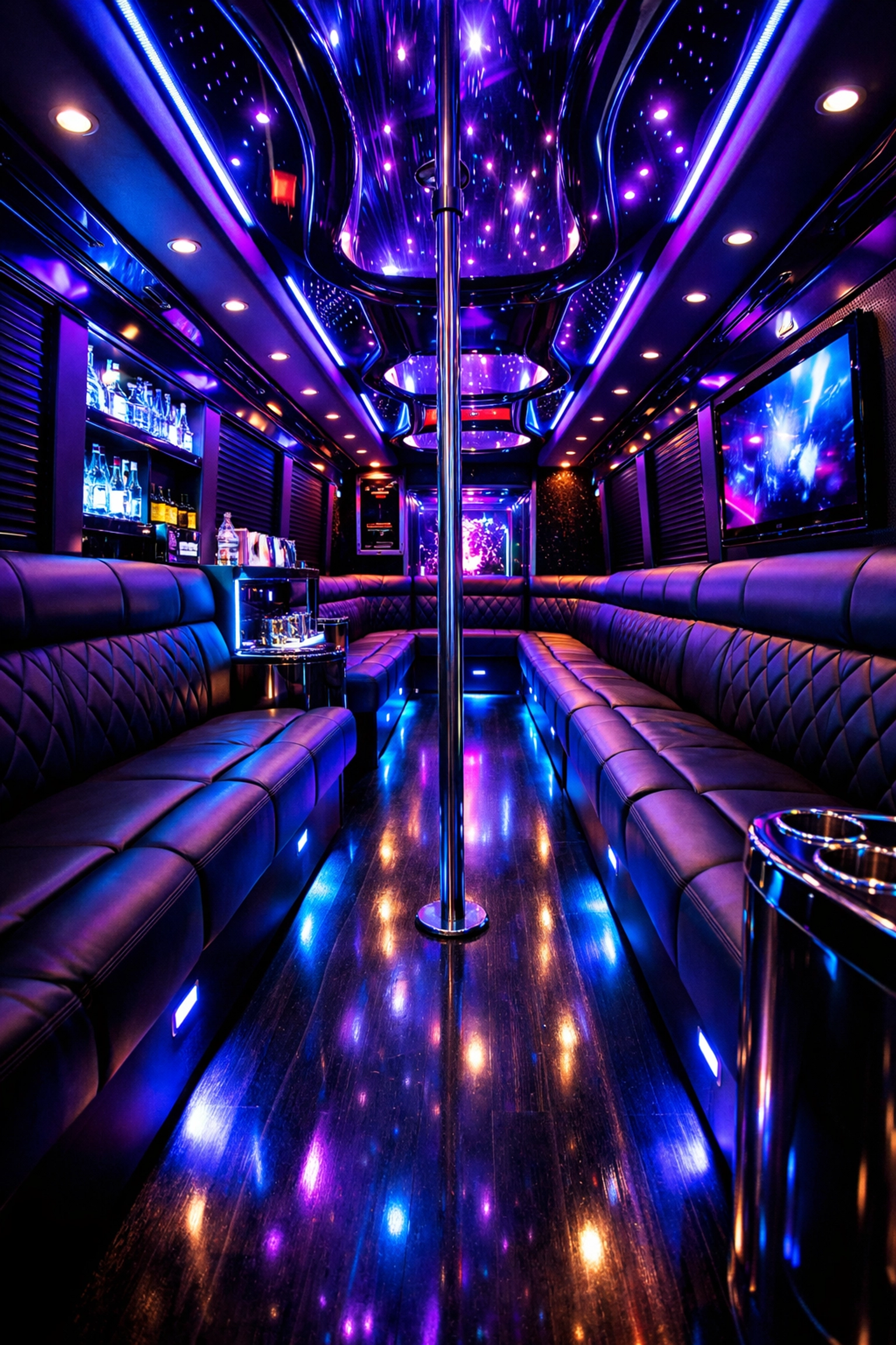 Luxury party bus interior with LED lighting for Pittsburgh limo rental groups