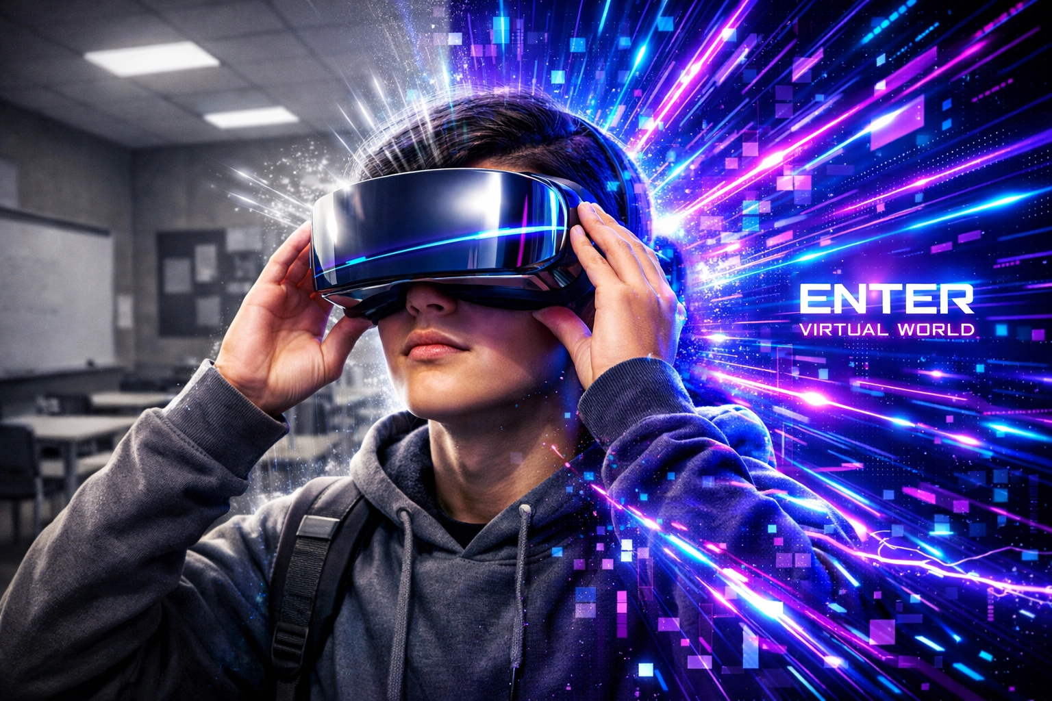 Student wearing a VR headset to begin an immersive learning experience for career exploration.