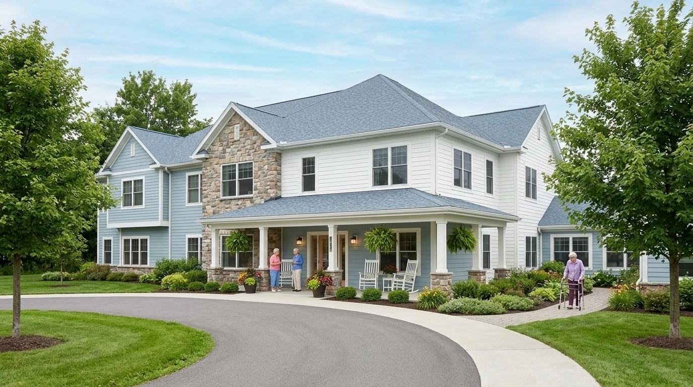 A 20-bed residential assisted living facility in Lowville, NY, with a welcoming front porch and professional landscaping.