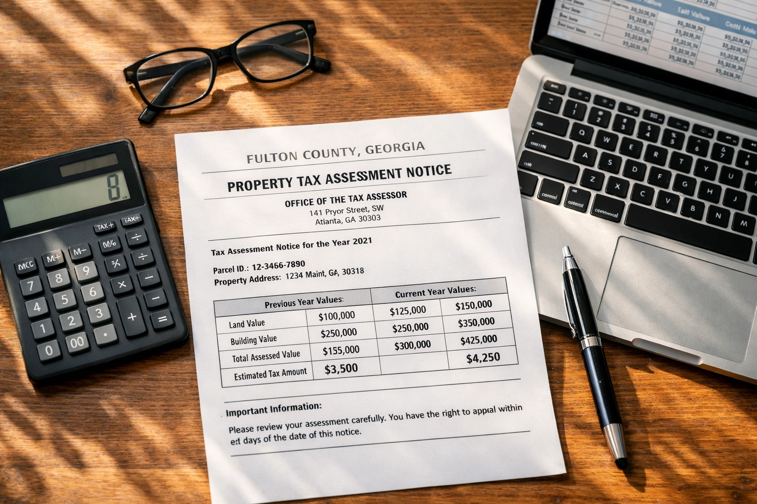 Fulton County property tax assessment notice with calculator and documents for filing an appeal