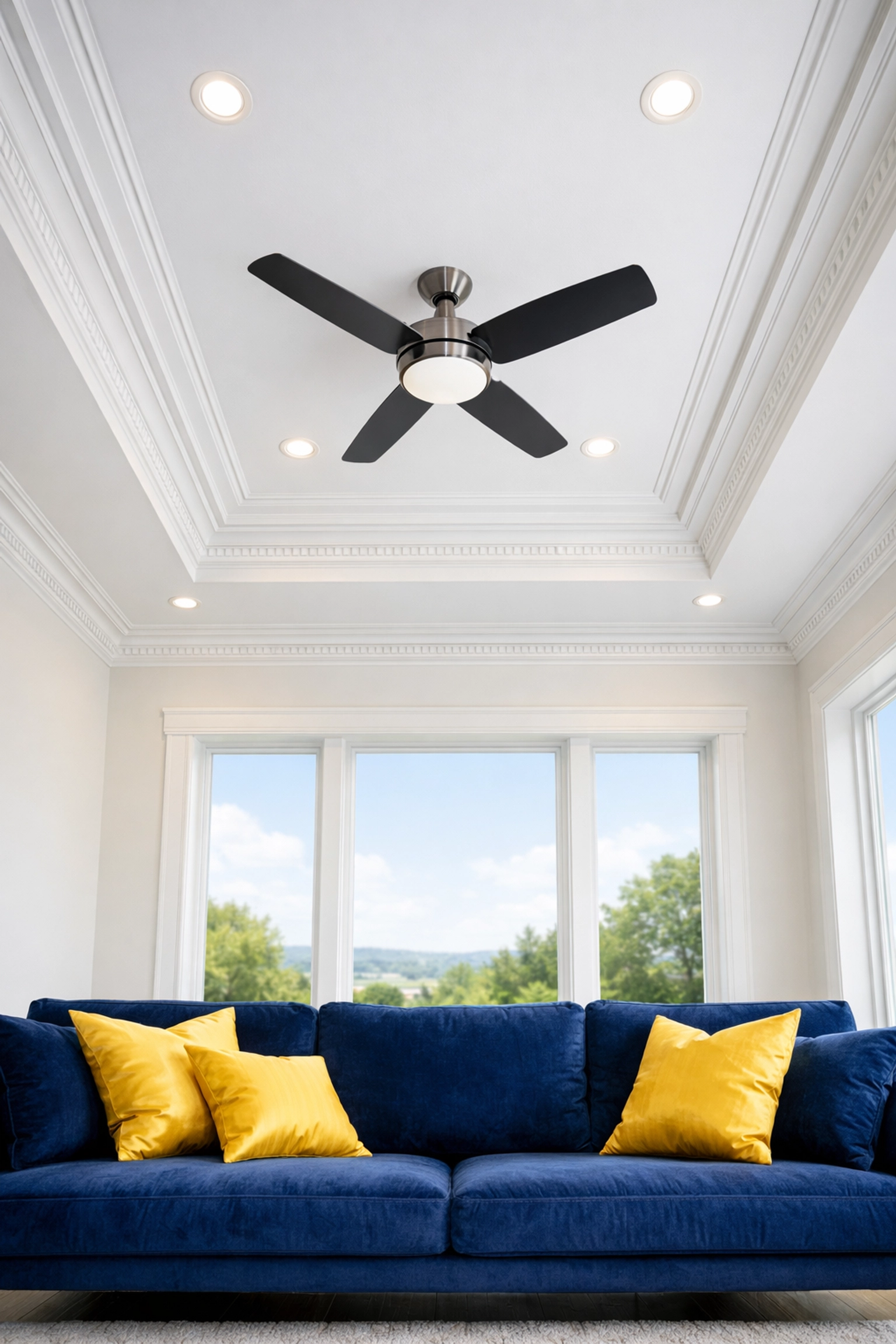A pristine Hudson living room with clean high ceilings and surfaces after post construction cleaning.