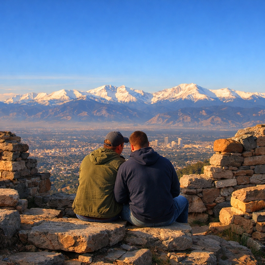 Gay couple enjoying mountain views at Castle Trail ruins overlooking Denver