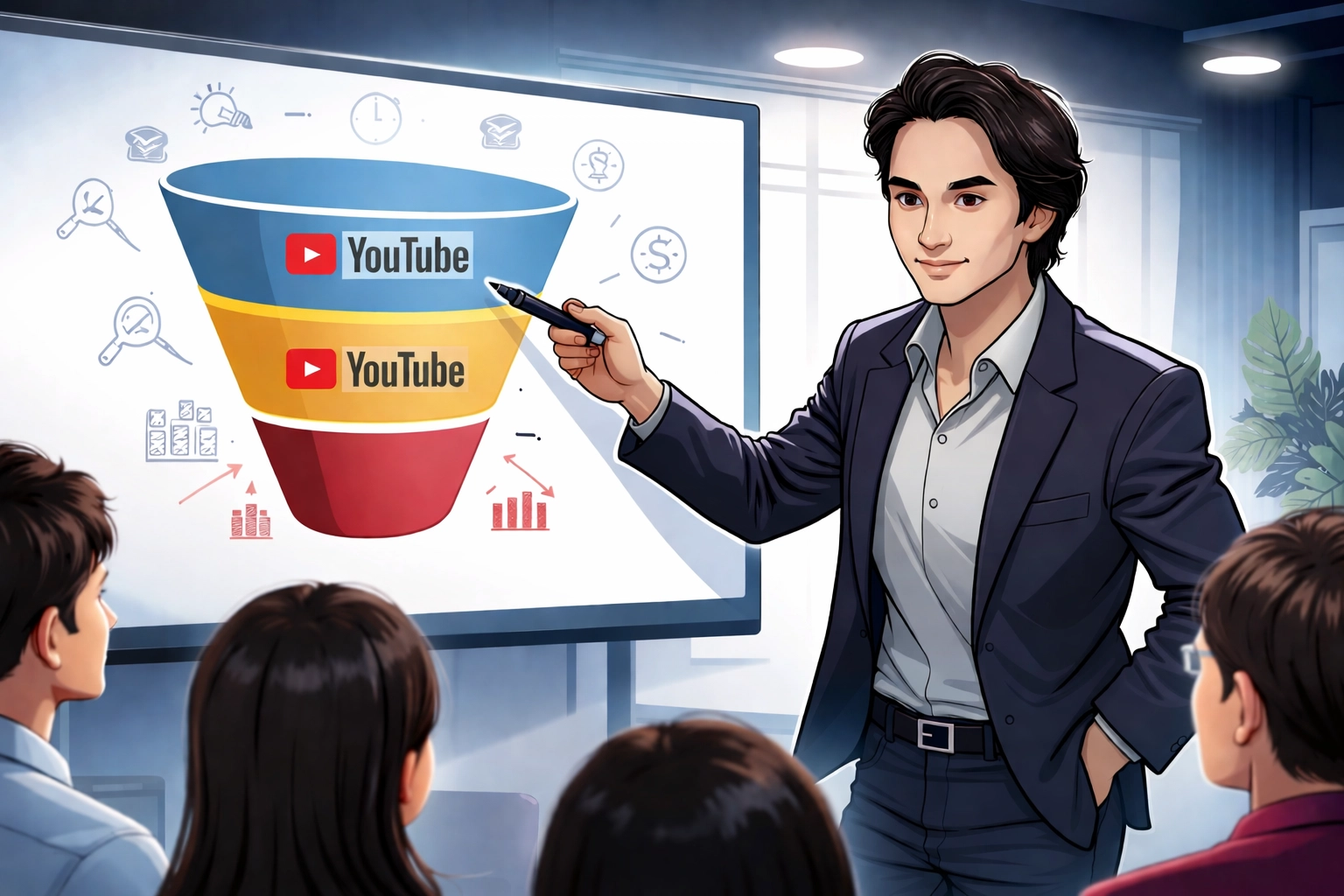 Simon Leung explaining a content funnel diagram for affiliate marketing strategies to a group of beginners.
