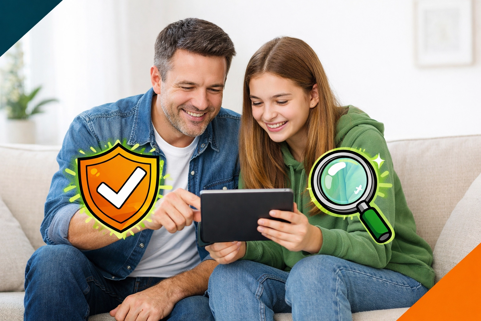 Father and teen daughter discussing digital safety while looking at a tablet together.
