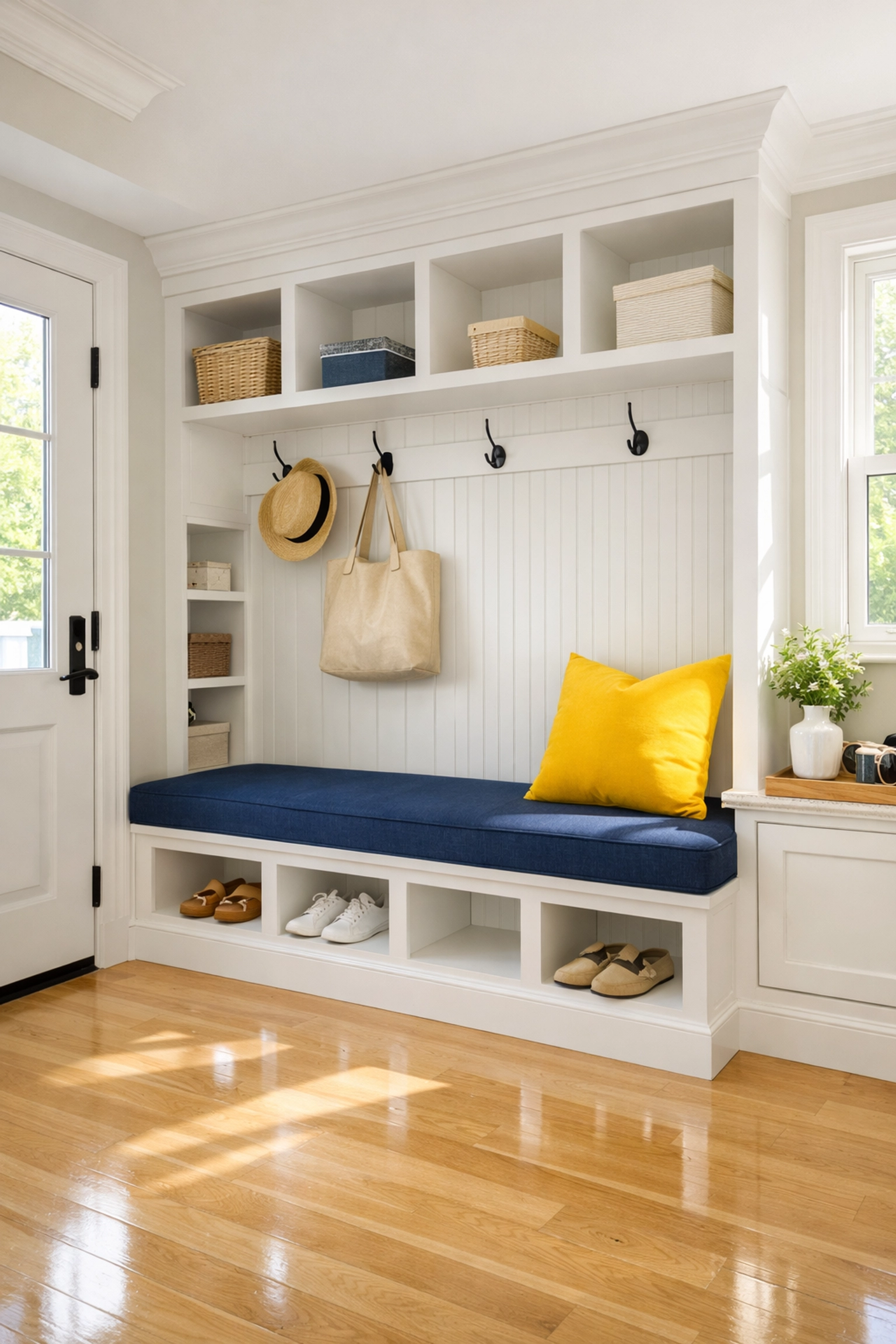 Spotless mudroom in a Westford home maintained by a weekly house cleaning schedule to prevent salt and dirt buildup.