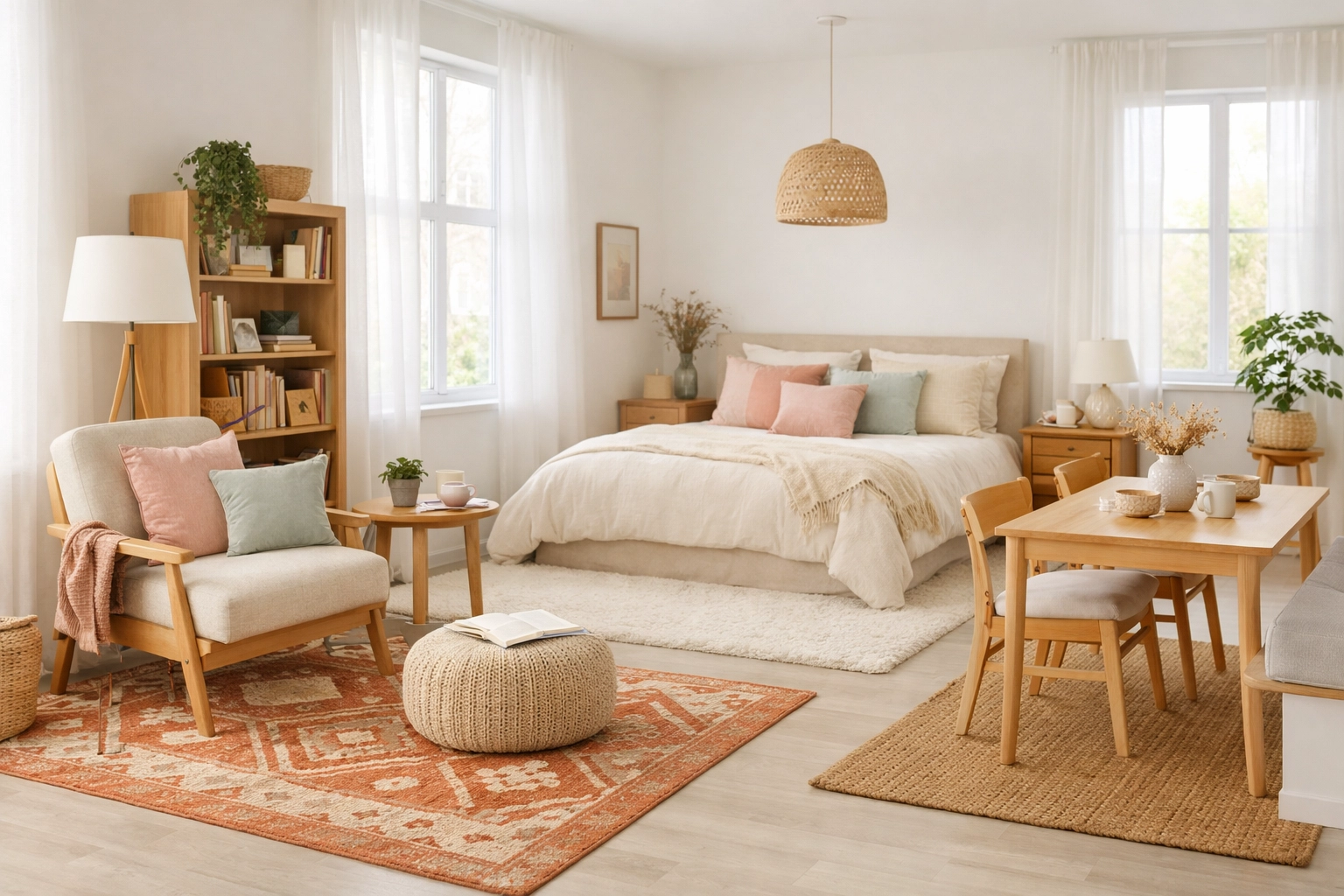 Studio apartment with distinct living zones defined by area rugs and furniture placement