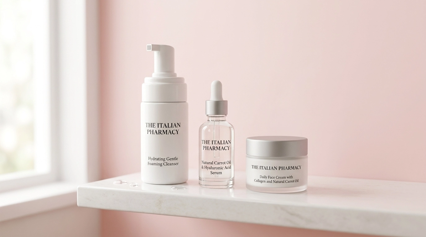 A minimalist skincare routine setup on a clean white shelf with soft pink background