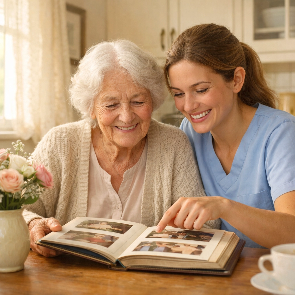 Companion care provider spending quality time with elderly woman reducing isolation and loneliness