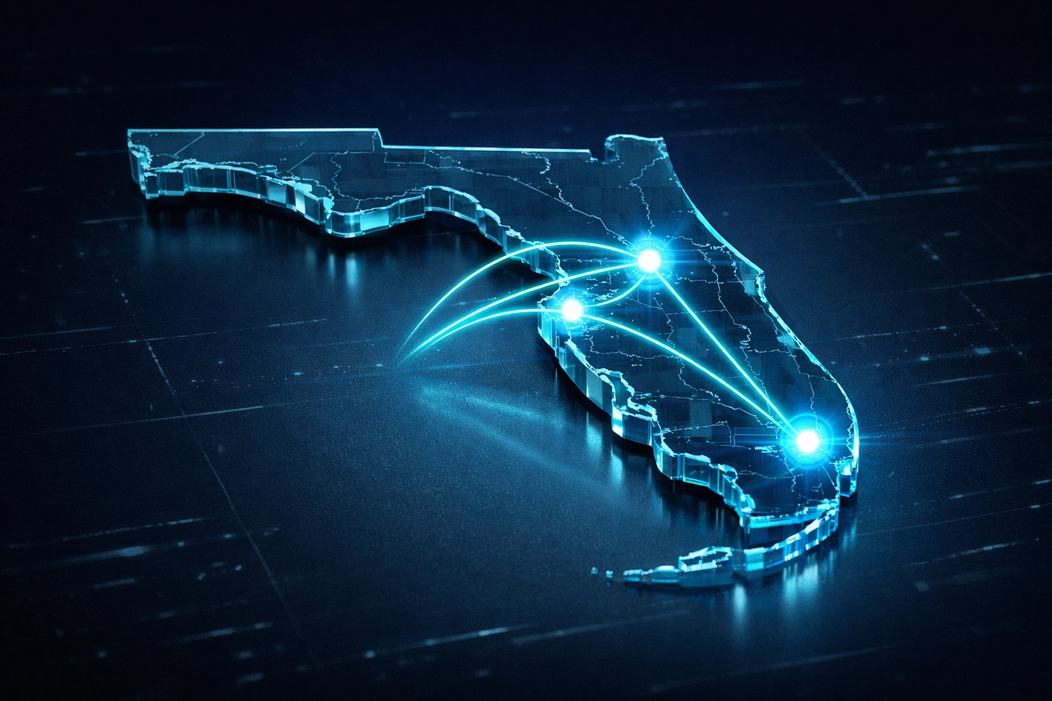 Digital network map of Florida showing local SEO hubs in Sarasota, Tampa, Miami, and Orlando.