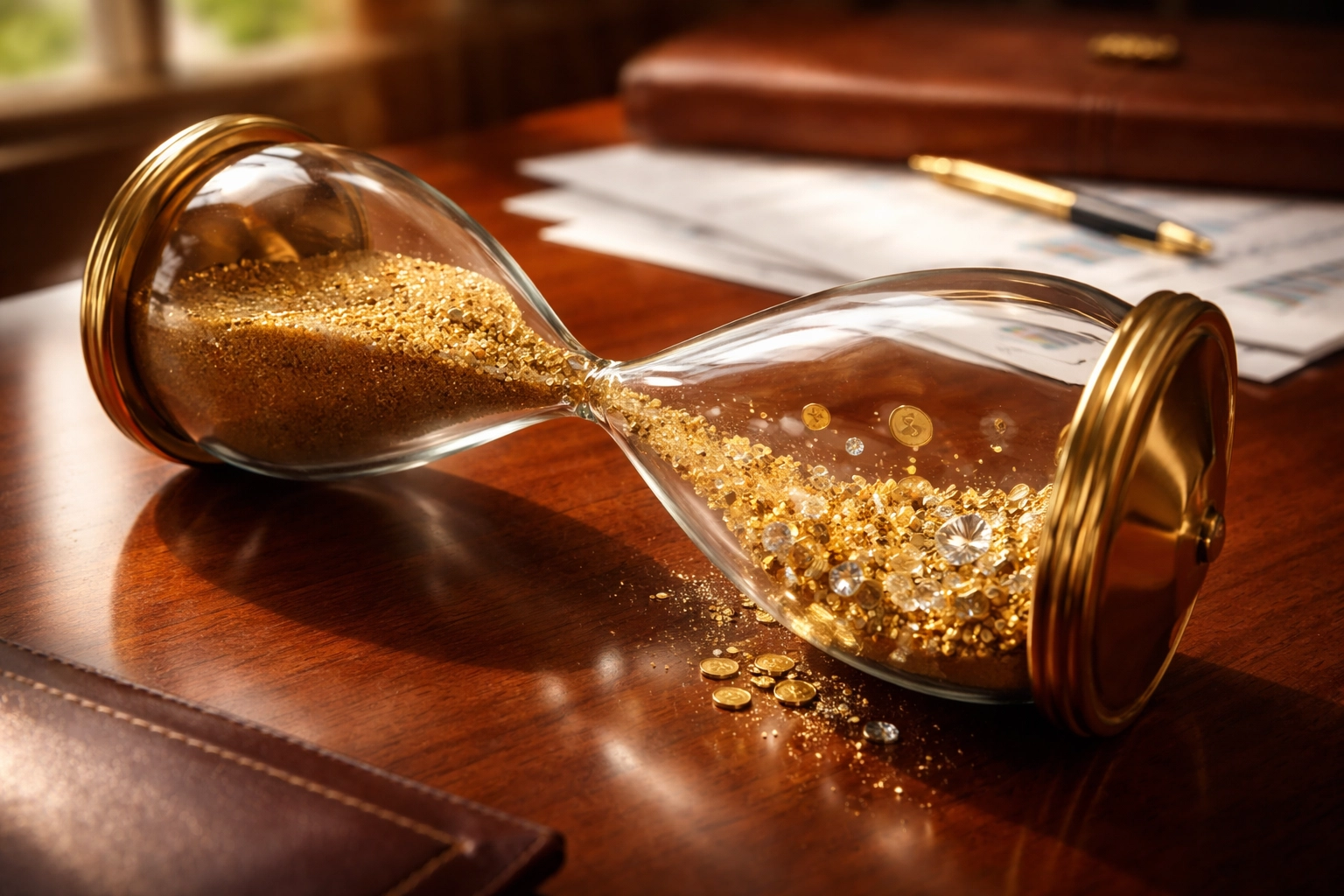 Hourglass pouring gold coins symbolizing limited liquidity and patience in private investments