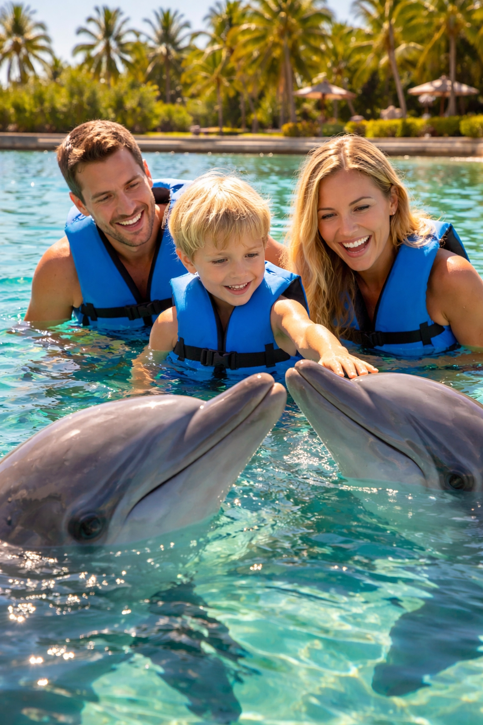Family interacts with dolphins at a Puerto Vallarta marine park, a top kid-friendly vacation activity.