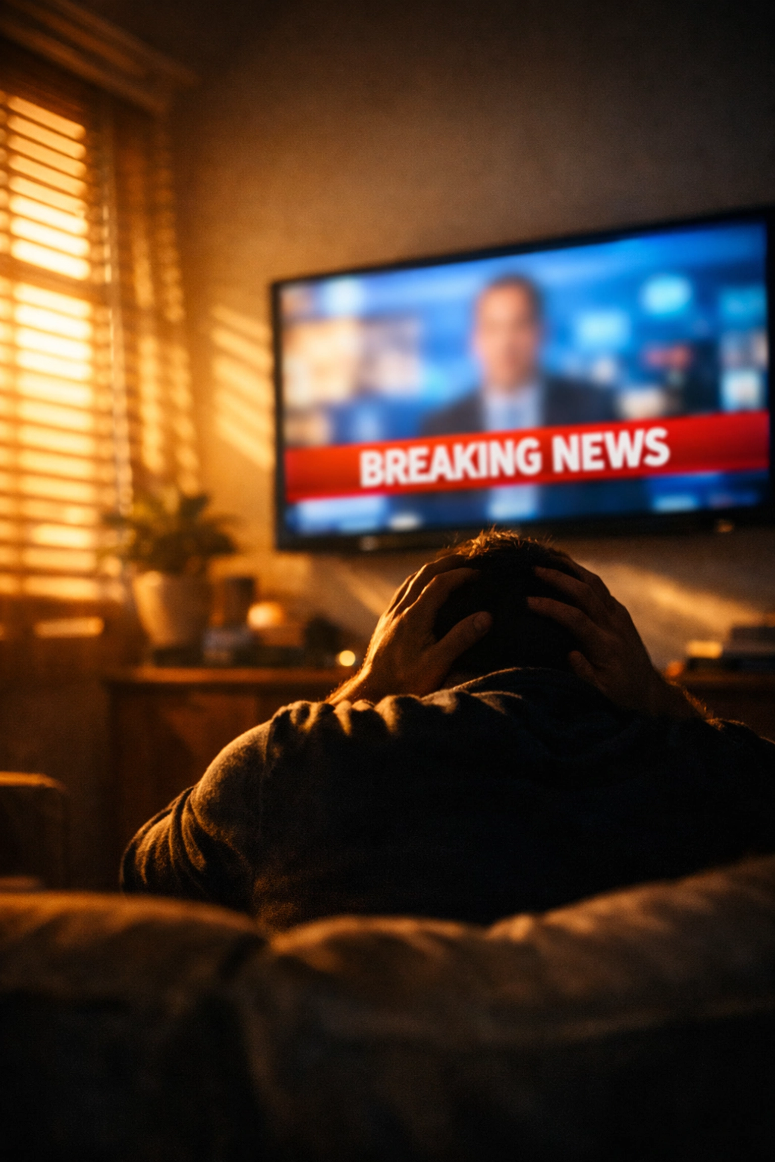 Stressed person watching evening news on TV at 5 PM with tense posture in living room