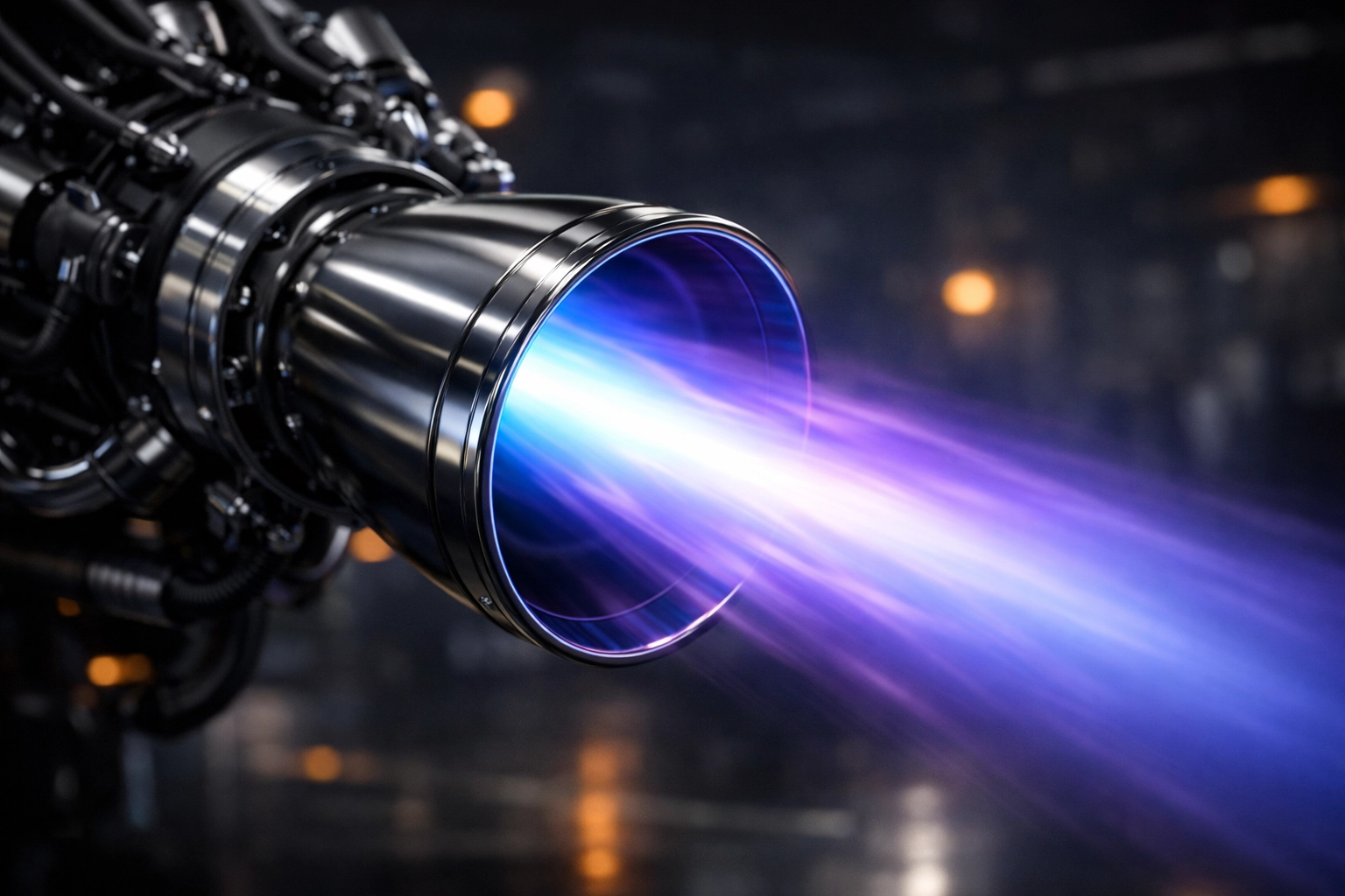 Futuristic Raptor 3 rocket engine for Starship V3 glowing with purple light in a dark hangar.