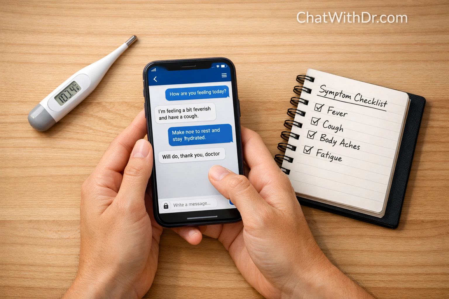 Person using secure medical messaging on a smartphone to document symptoms for a fast online doctor consultation.