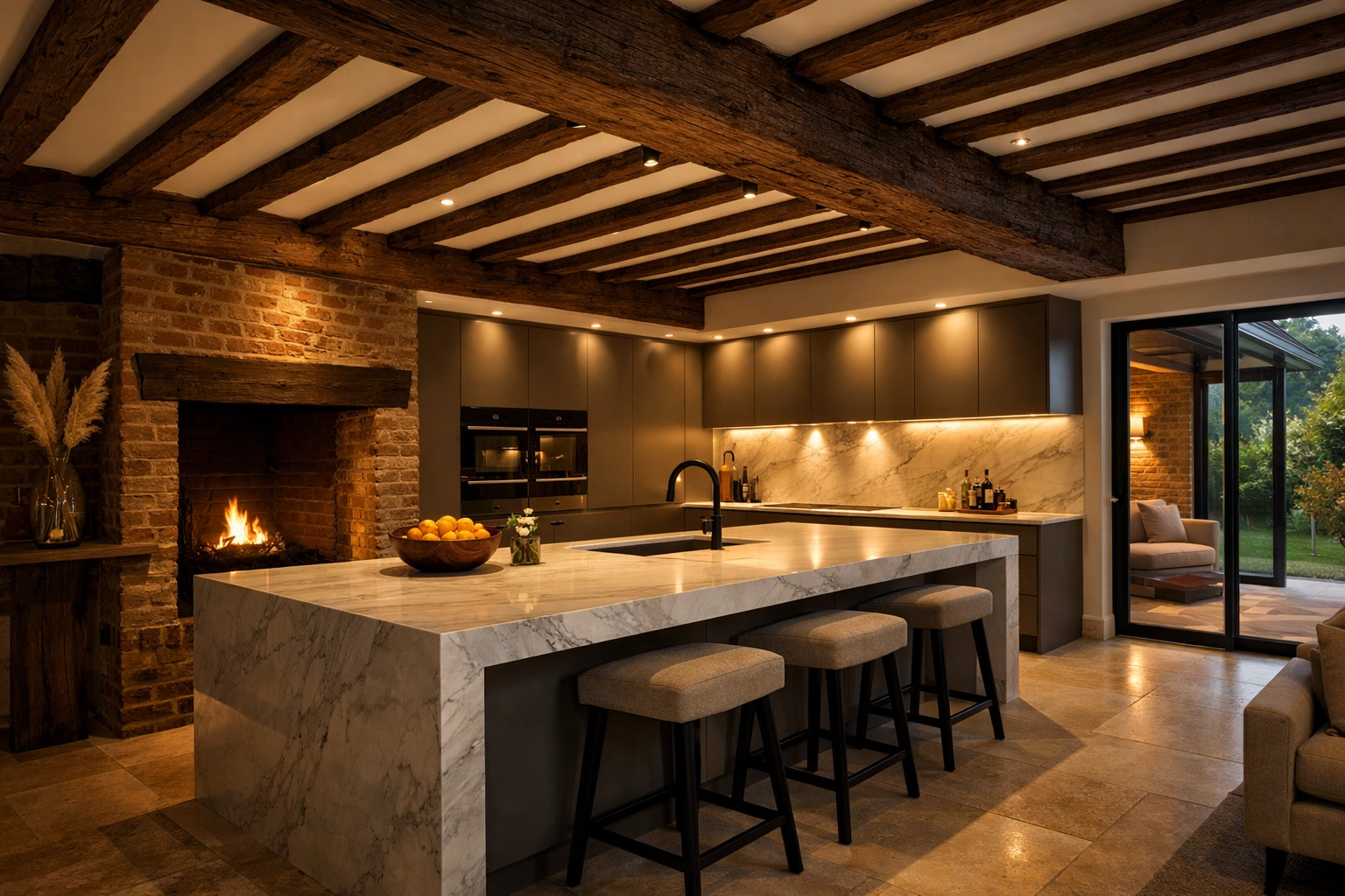 Luxury modern kitchen extension featuring original oak beams in a renovated Chichester historic home.