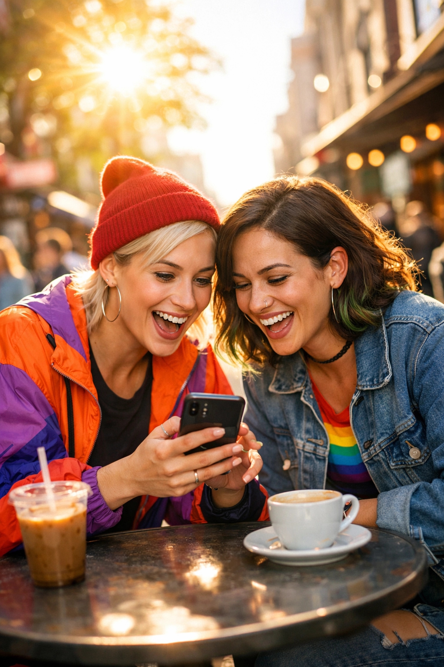 Two women discussing a new lesbian fiction release and sharing book reviews on a smartphone.