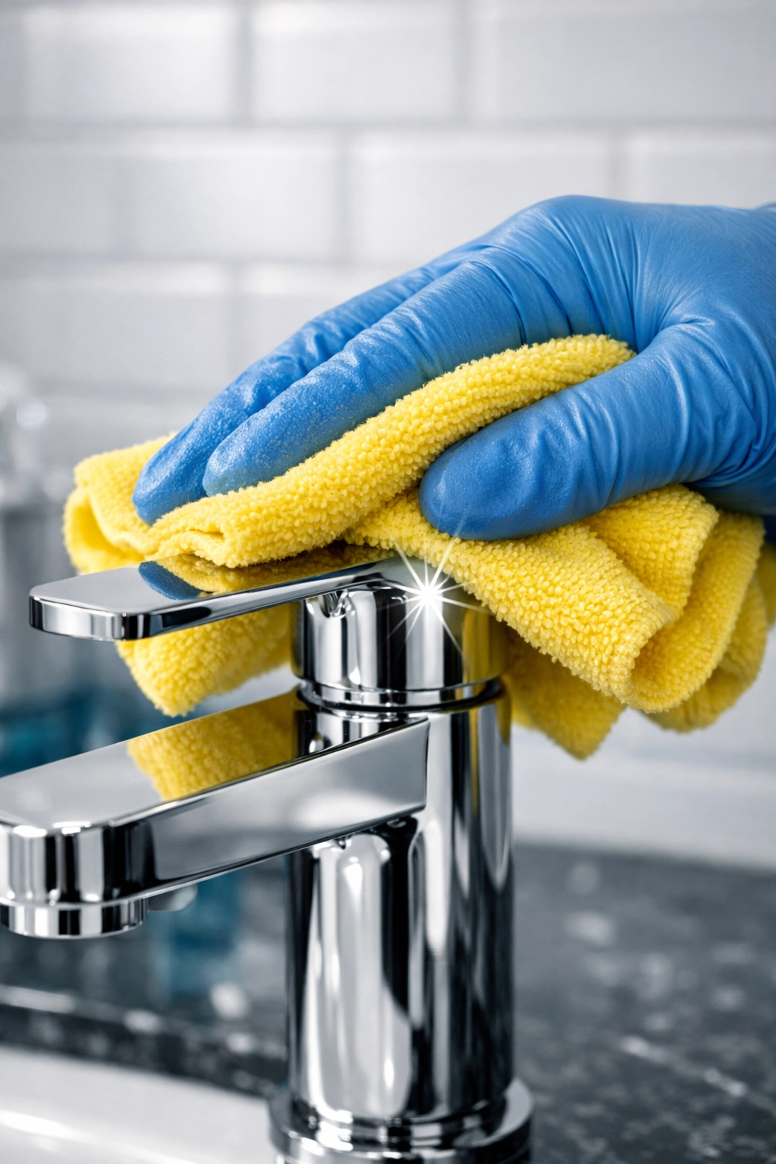 Professional cleaner polishing a chrome bathroom fixture to ensure high standards for cleaning services near me.