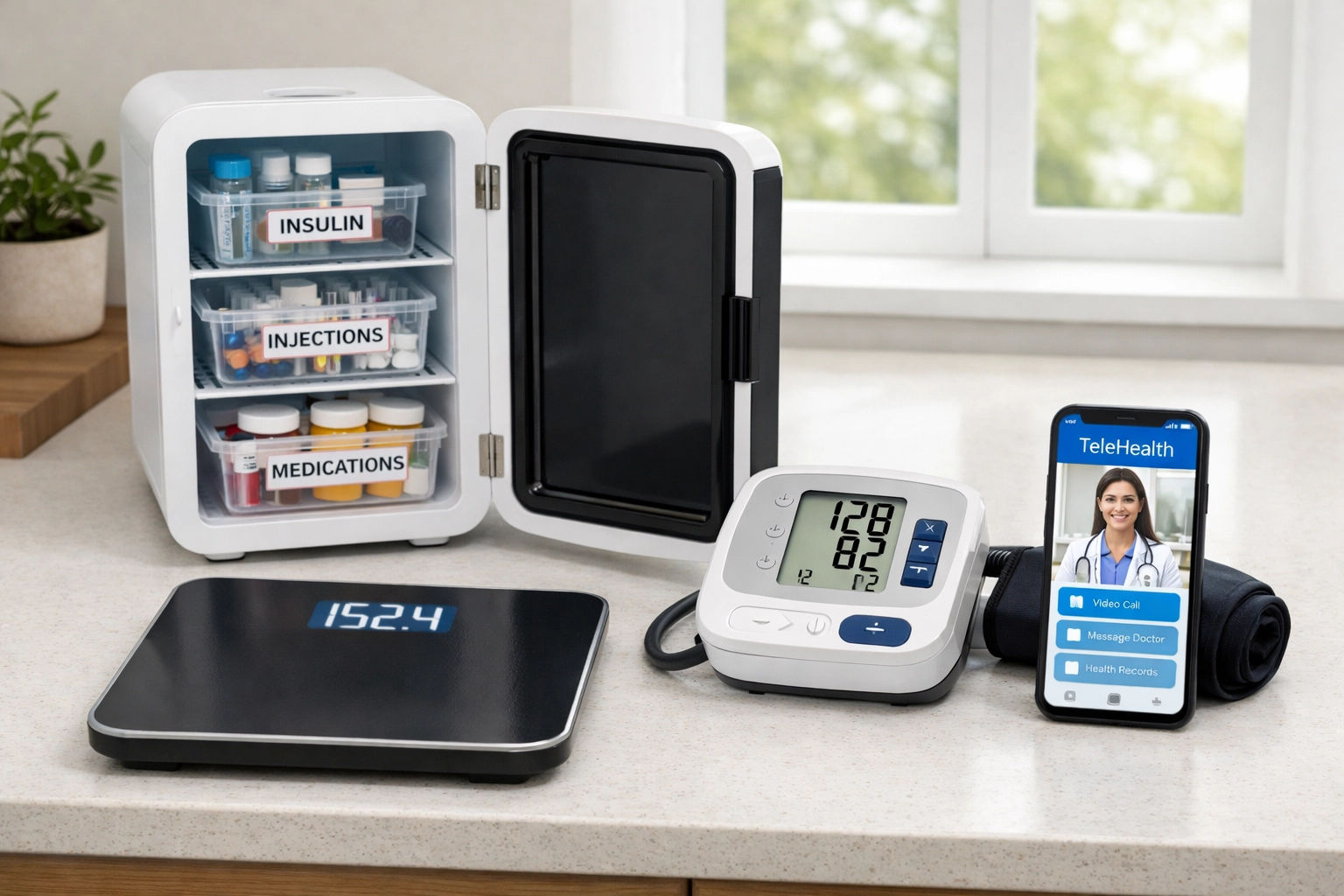 Home medication storage setup for weight loss treatment with telehealth monitoring