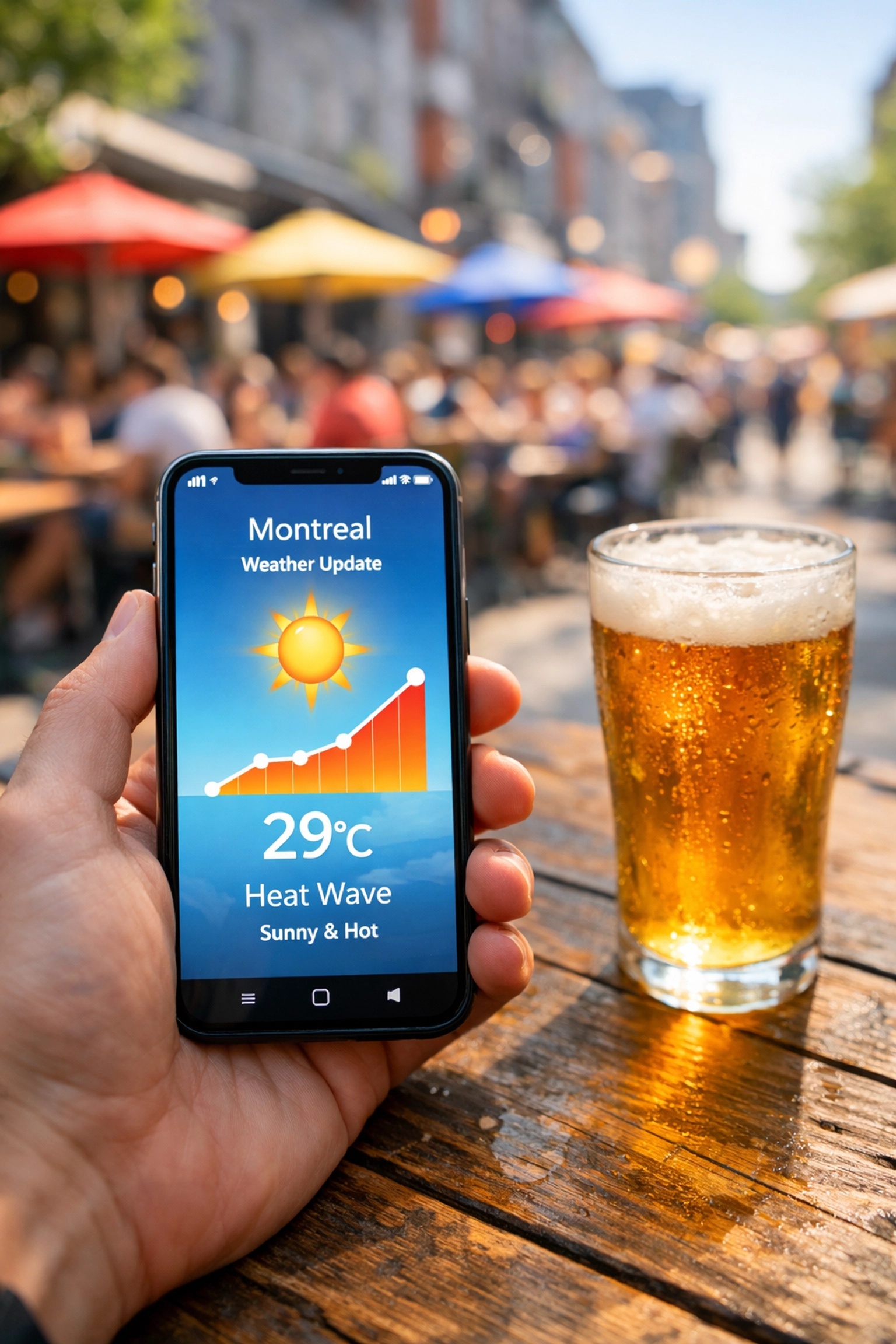 A hand holding a phone with a heatwave forecast at a vibrant Montreal sidewalk patio.