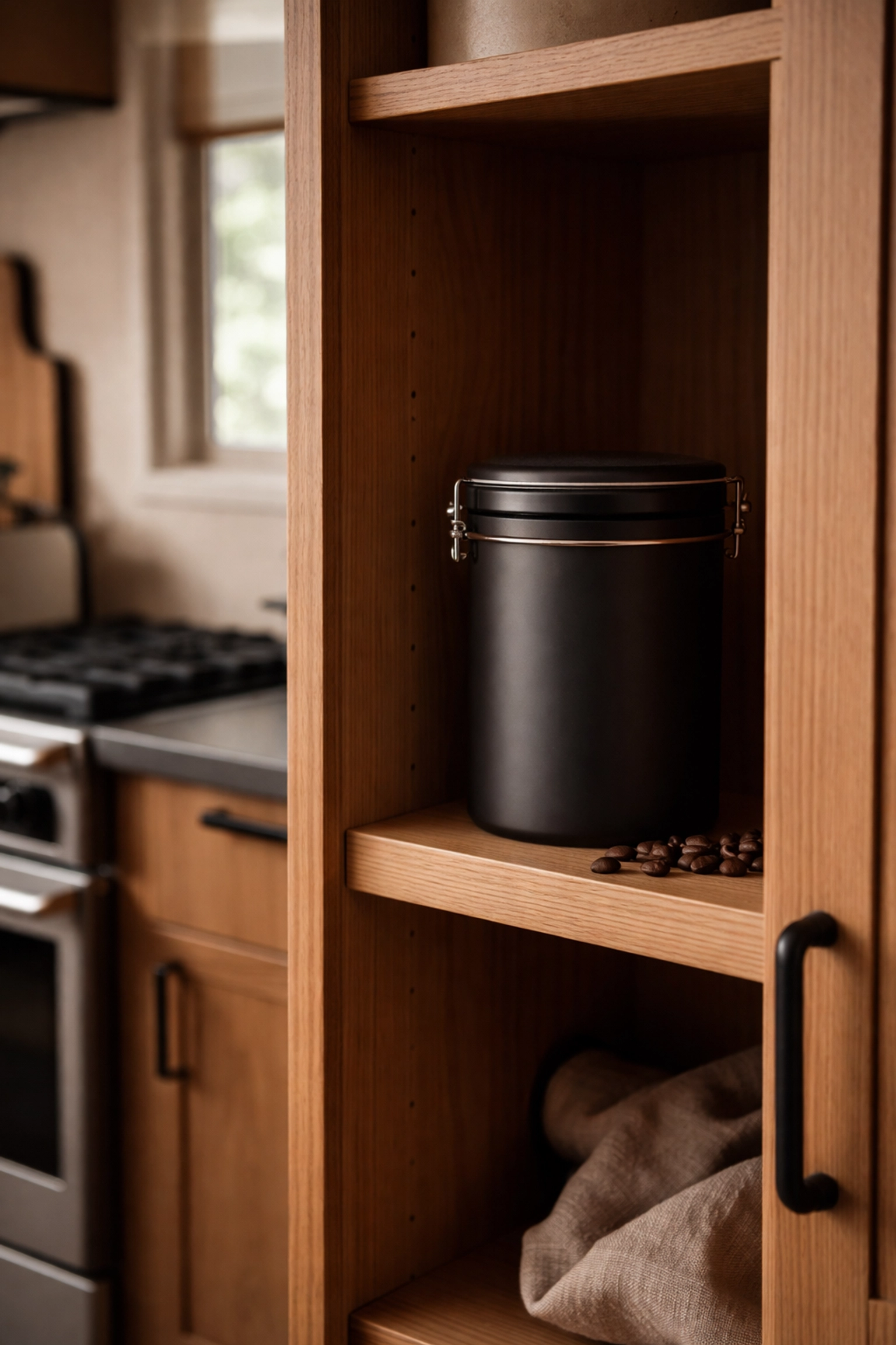 7 Coffee Storage Mistakes You're Probably Making Matte black coffee canister stored safely in a wooden pantry, demonstrating proper coffee storage away from kitchen heat.