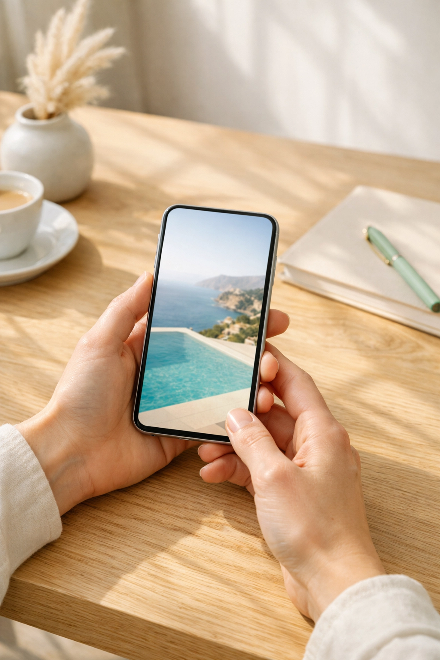 A guest uses a smartphone to discover a Mediterranean resort via AI-driven search.