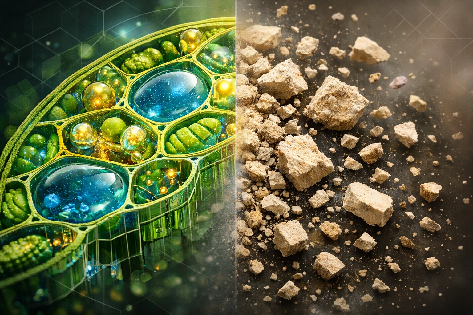 Plant cellular structure showing intact nutrients versus fragmented processed supplement powder
