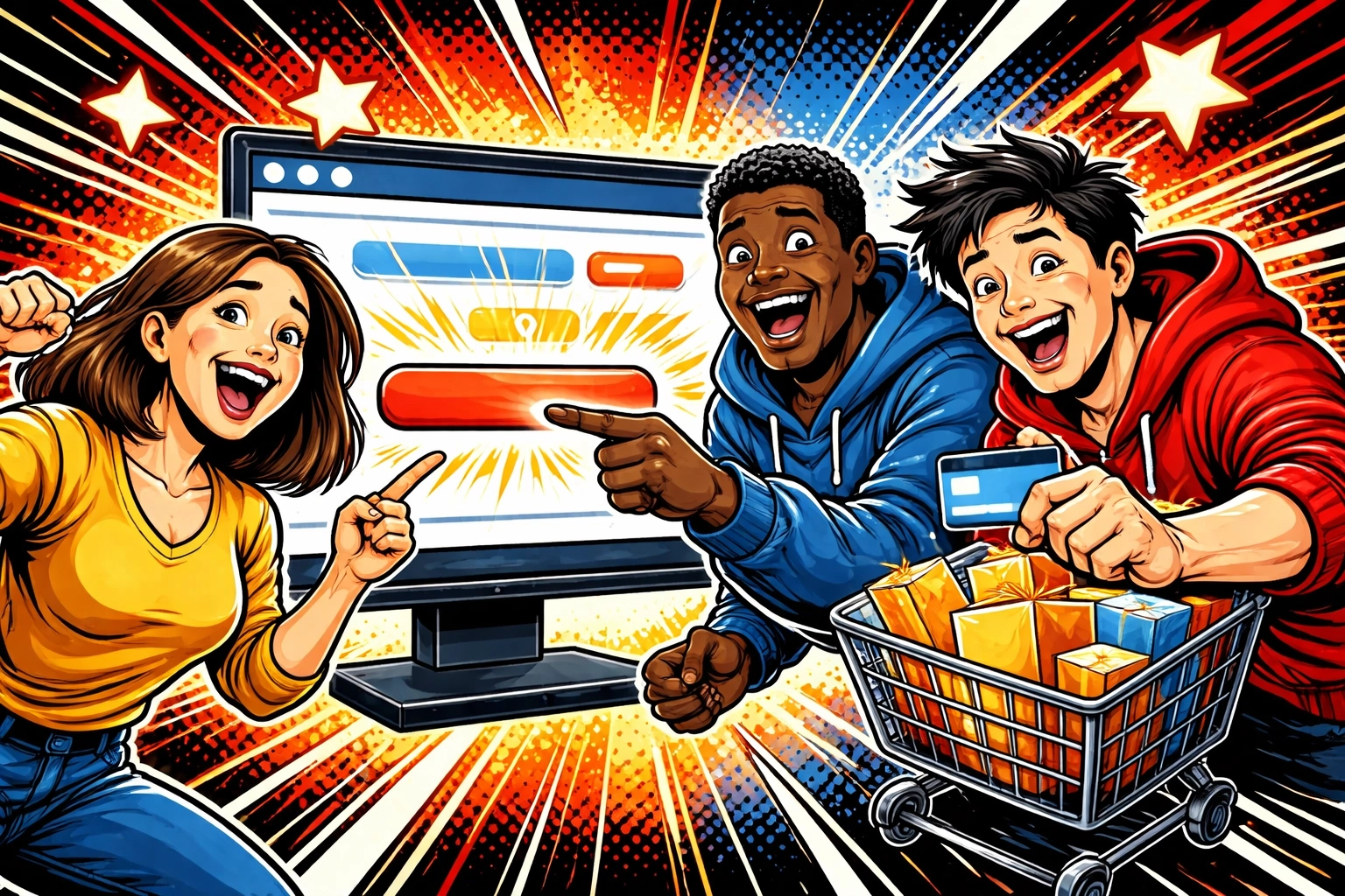 Diverse group of excited customers making a one-click upsell purchase on a GoHighLevel checkout screen