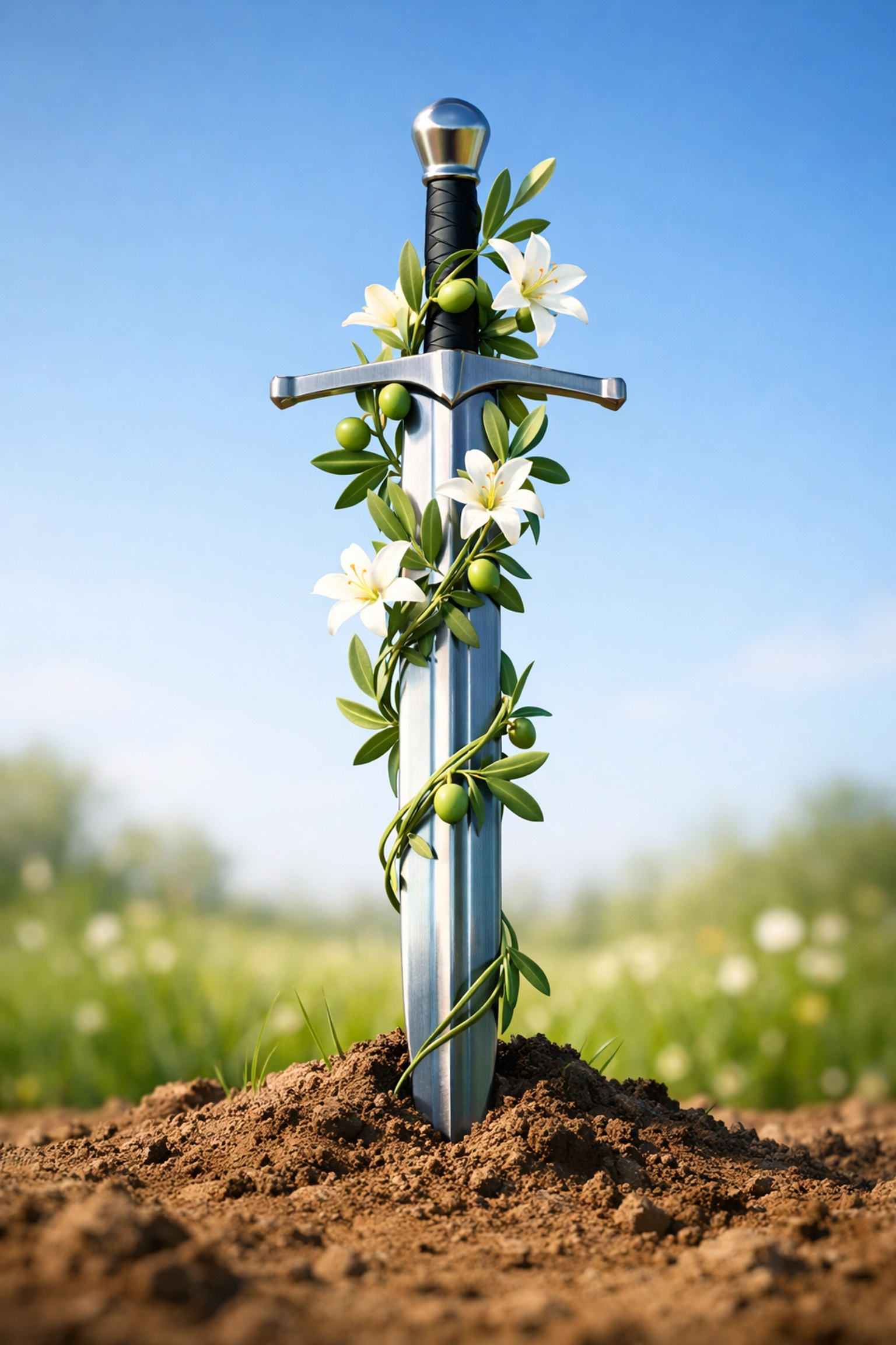 A sword in the ground wrapped in olive branches and lilies representing the transformation from conflict to peace.
