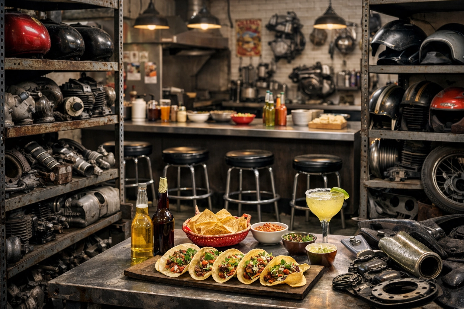 Vintage motorcycle parts organized inside a salvage workshop with tacos in the background