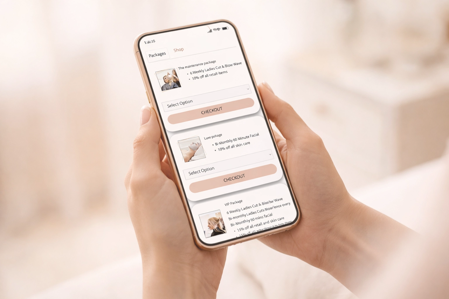 A mobile view of the Salon Pay online shop showing professional package selections for clients
