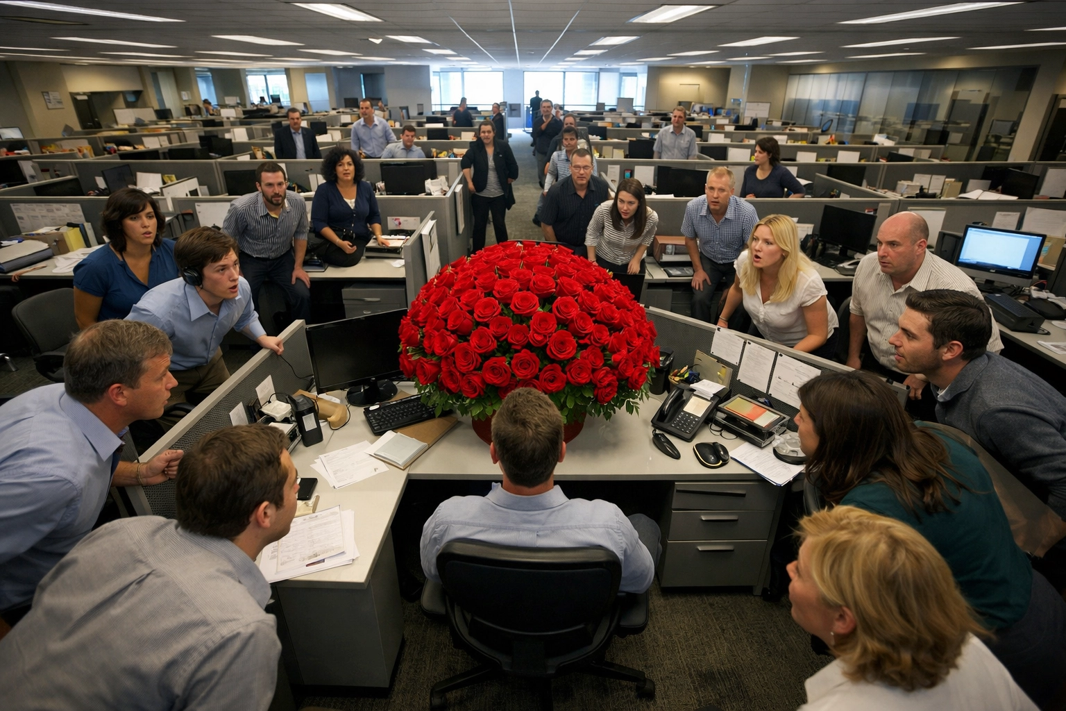 Office workers react to surprise Valentine's Day rose delivery revealing workplace romance