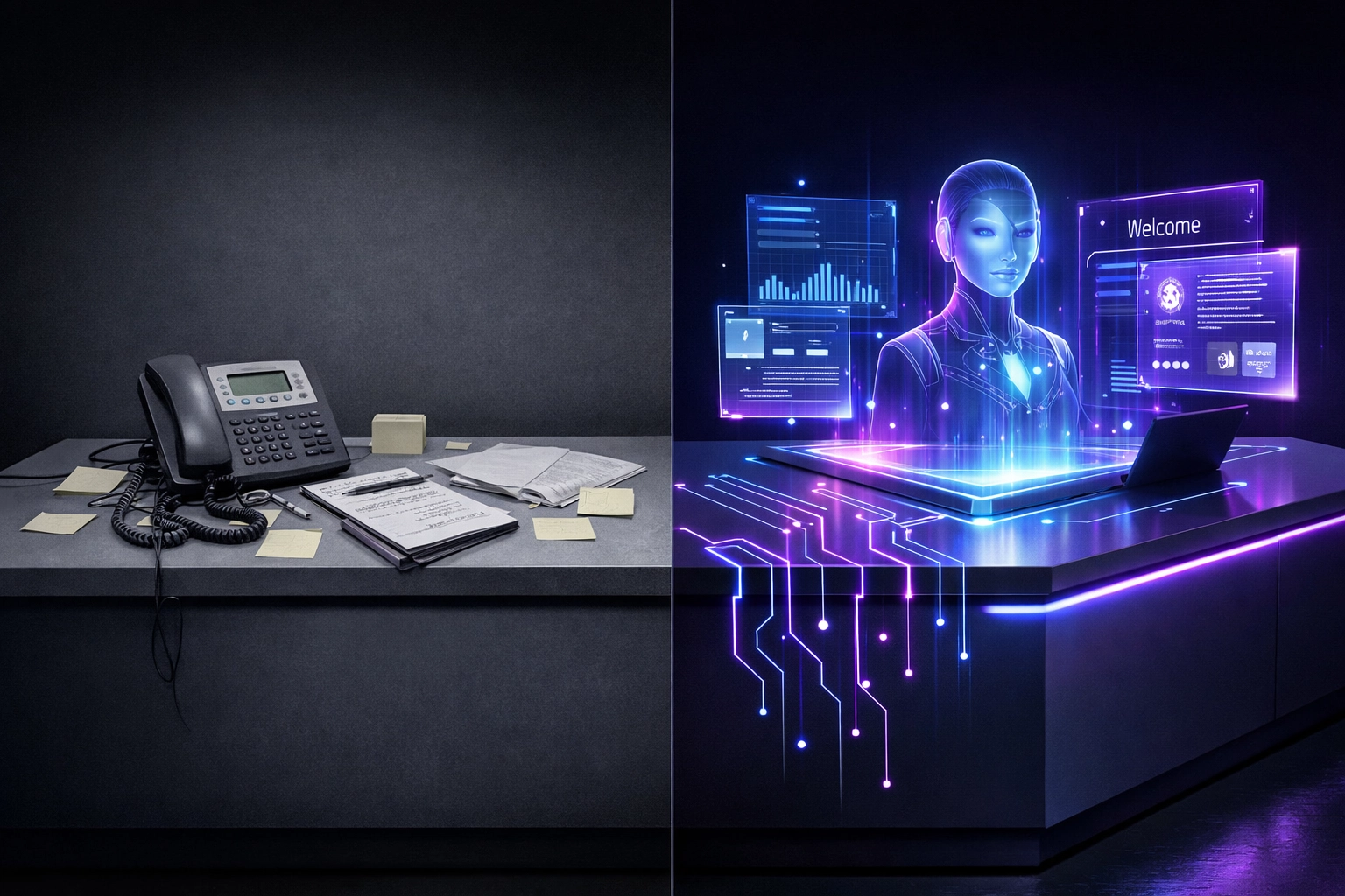 Traditional answering service desk versus modern AI receptionist interface