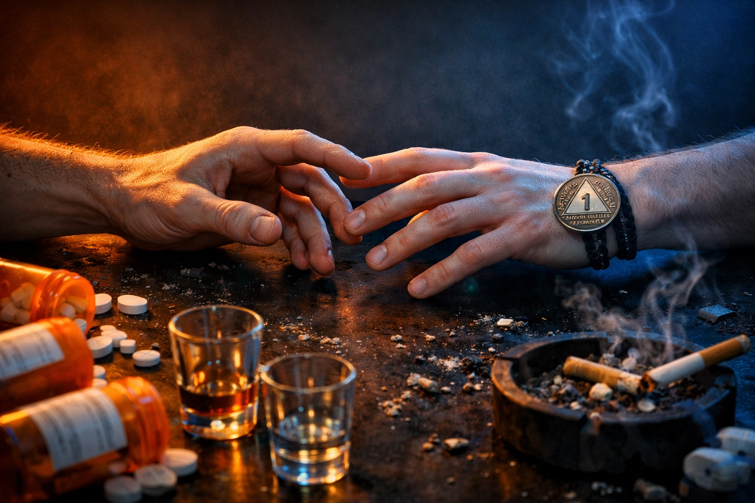 Hands reaching across addiction struggle toward recovery - gay fiction theme from The Ultimate High