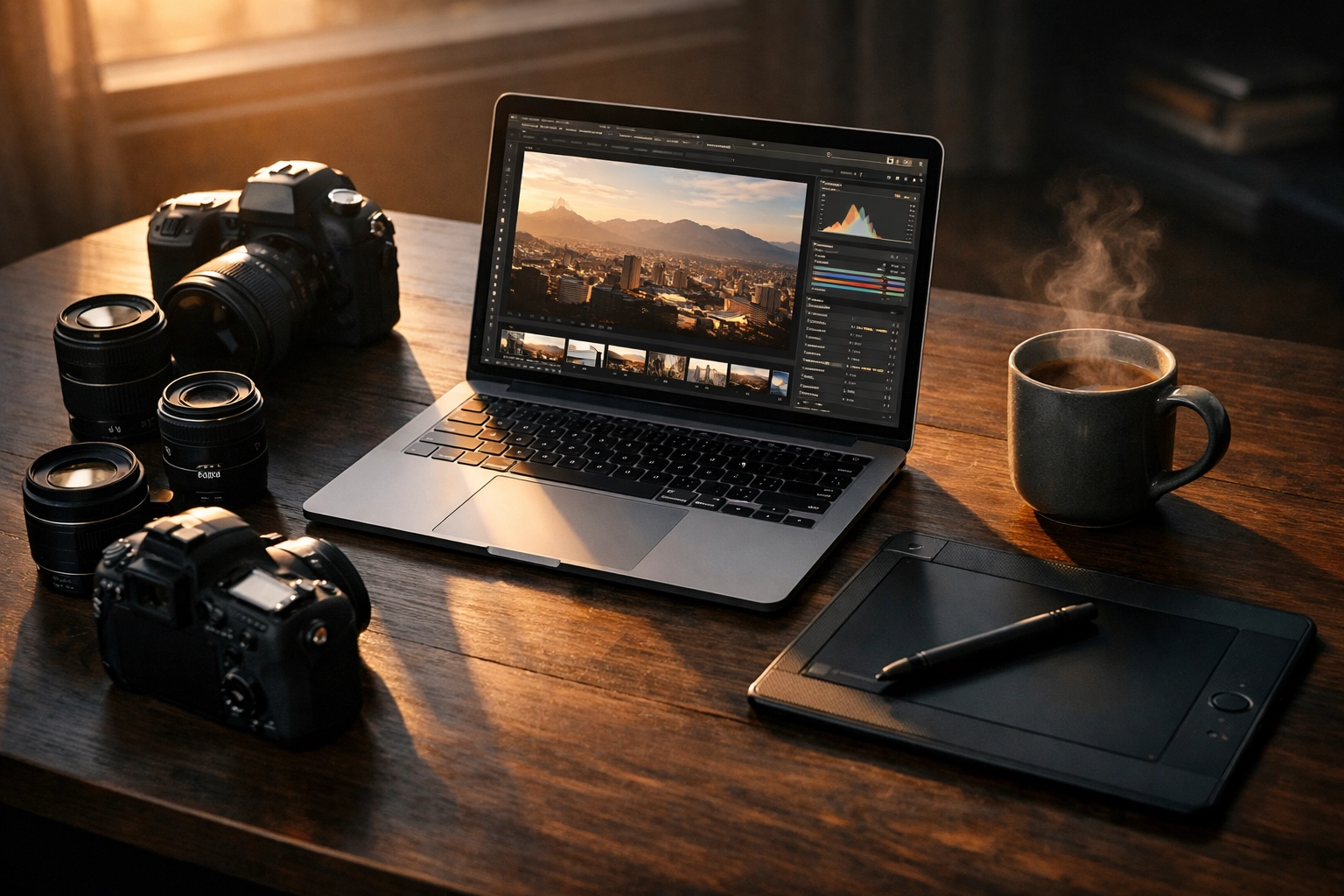 A professional photography workspace with mirrorless cameras and editing software for AI firmware updates.