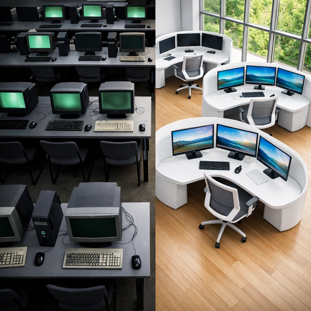 Traditional computer lab transitioning to modern learning pod workspace with updated equipment
