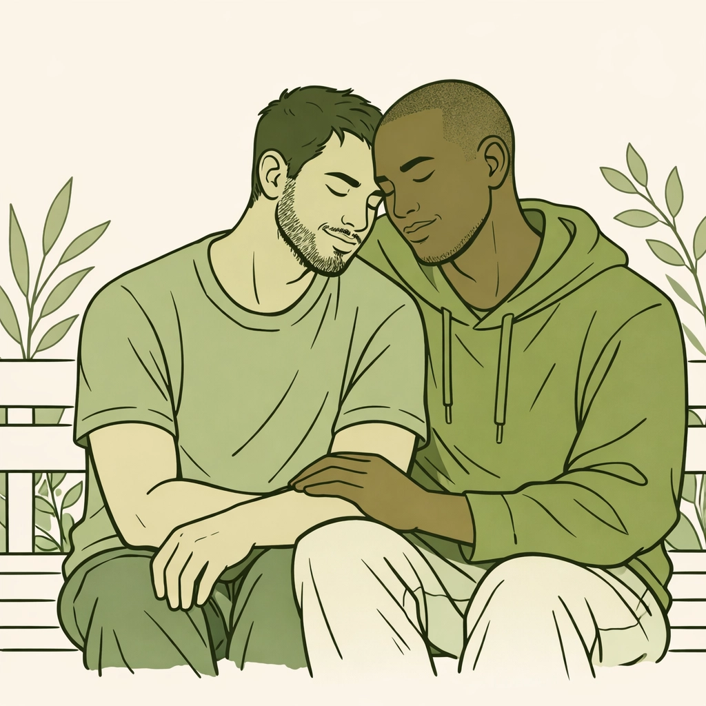 An MM couple shares a moment of healing from psychological trauma, highlighting themes in our emotional gay fiction.